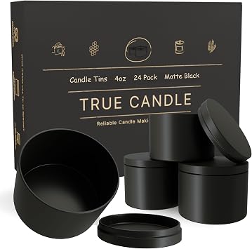 Tins for Making Candles - 24 Pack of 4 oz Black Candle Containers Bulk 4oz - Empty tins with lids for Candles - Premium Metal Jars, DIY Vessels | Painted Outside and Inside | Matte Black