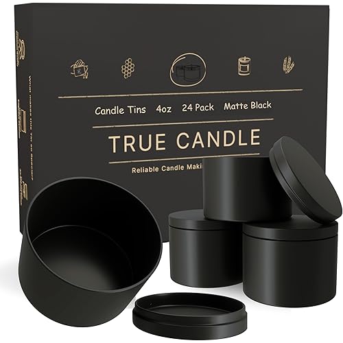 True Candle Tins for Making Candles - 24 Pack of 4 oz Black Candle Containers Bulk 4oz - Empty tins with lids for Candles - Premium Metal Jars, DIY Vessels | Painted Outside and Inside | Matte Black