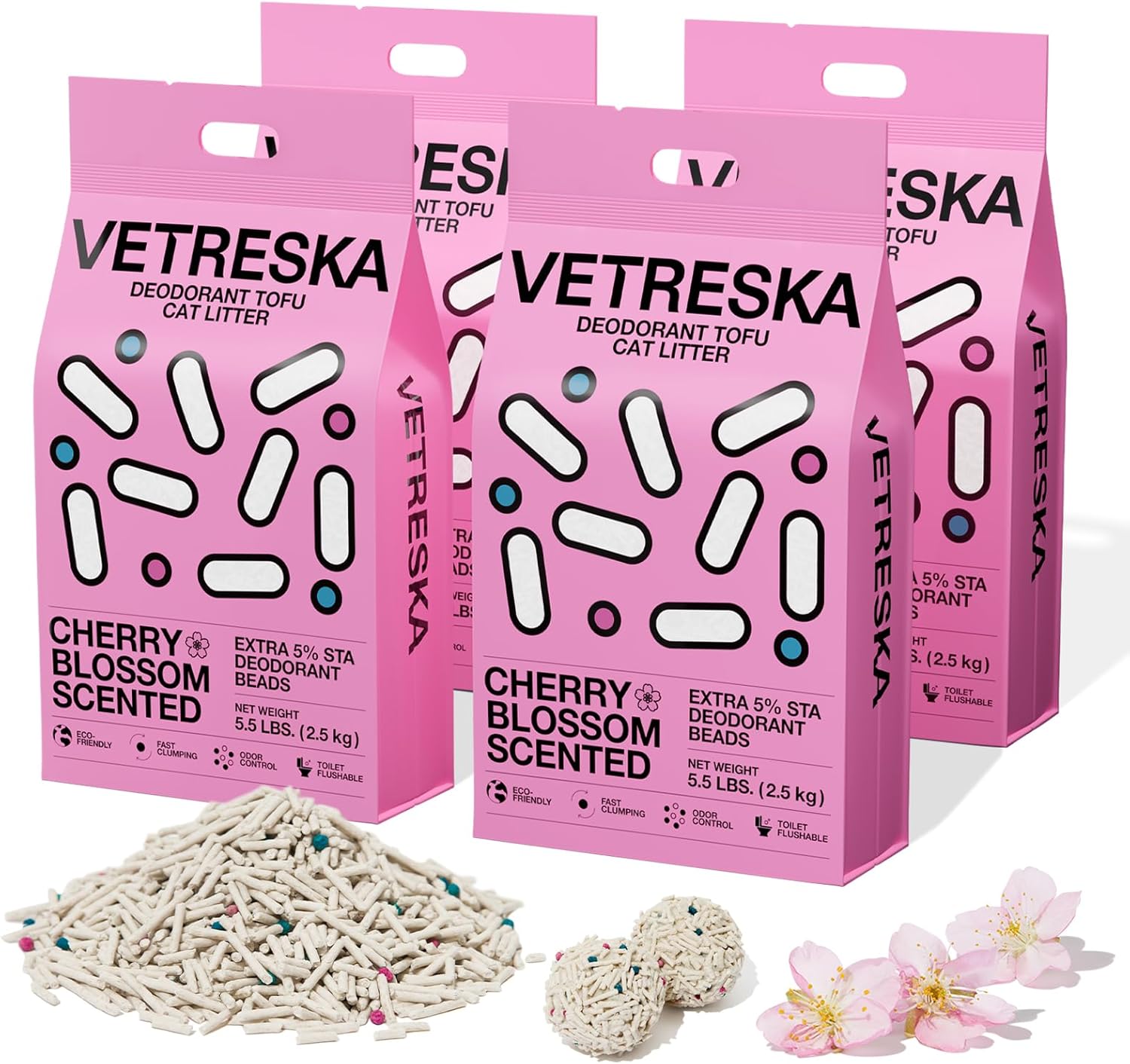 VETRESKA Cherry Blossom Tofu Cat Litter,Natural Pretty Kitty Litter Strong Clumping Flushable Cat Litter Pellets Ultra Absorbent,Dust-Free,Low Tracking,Deodorant Tofu Litter Compostable(5.5lb×4bags) Cherry Blossom 4 bag