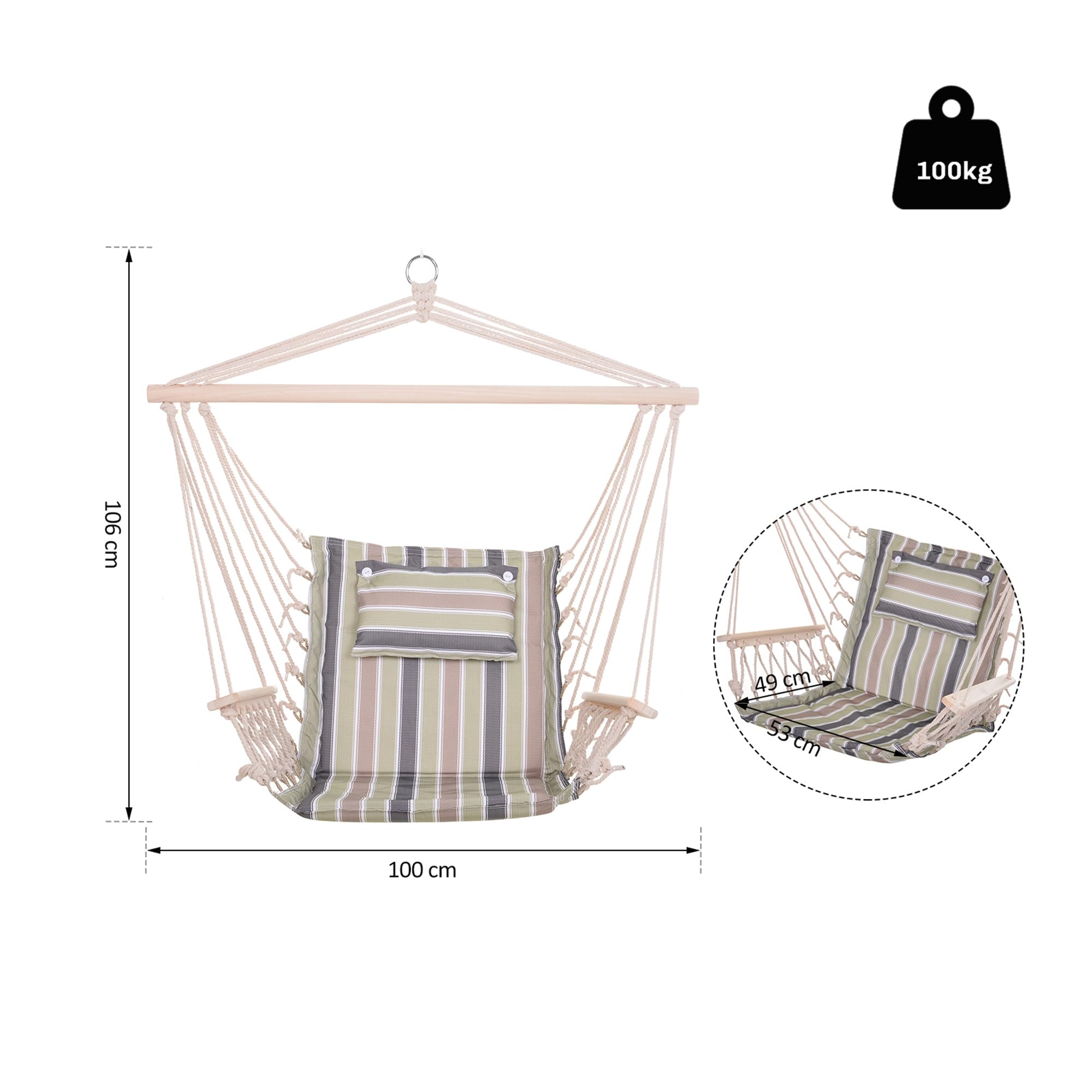 Outsunny Sedia sospesa a righe amaca con cuscino poggiatesta per interno esterno 100 x 106 cm Carico massimo 105 kg