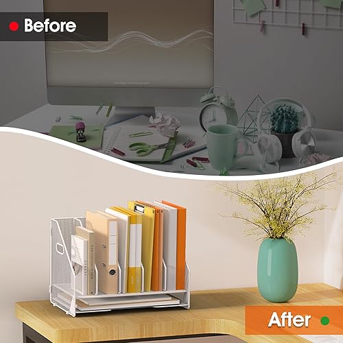 Miniatura 3 de Organizador de carpetas de archivos de escritorio, 5 compartimentos verticales y bandeja de papel para cartas, clasificador de archivos de malla