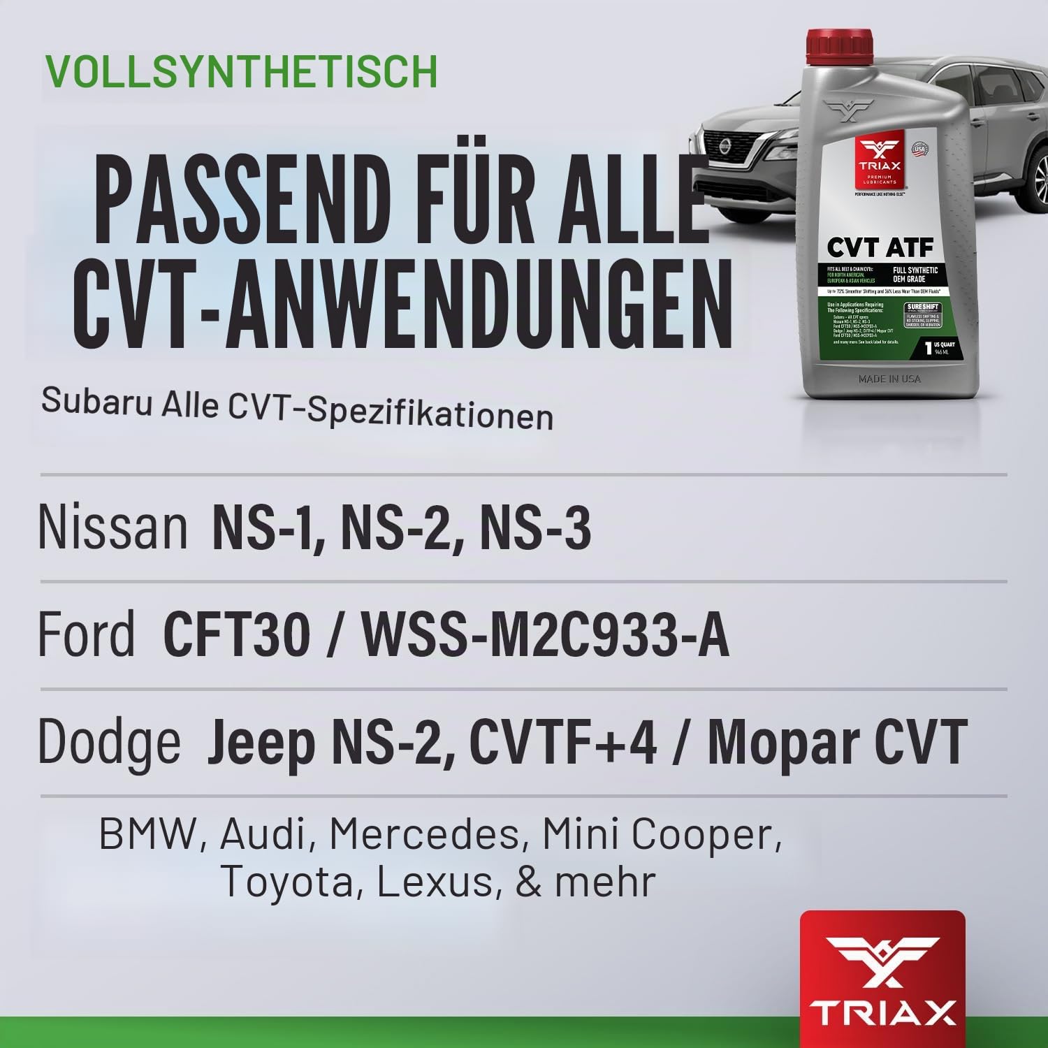 TRIAX CVT ATF Vollsynthetisches Automatik-Getriebeöl für CVT-Getriebe: Sure-Shift Non-Slip-Technologie, Übertrifft OEM-Spezifikationen, Universelle Kompatibilität (5 quarts/4.73 ltrs)
