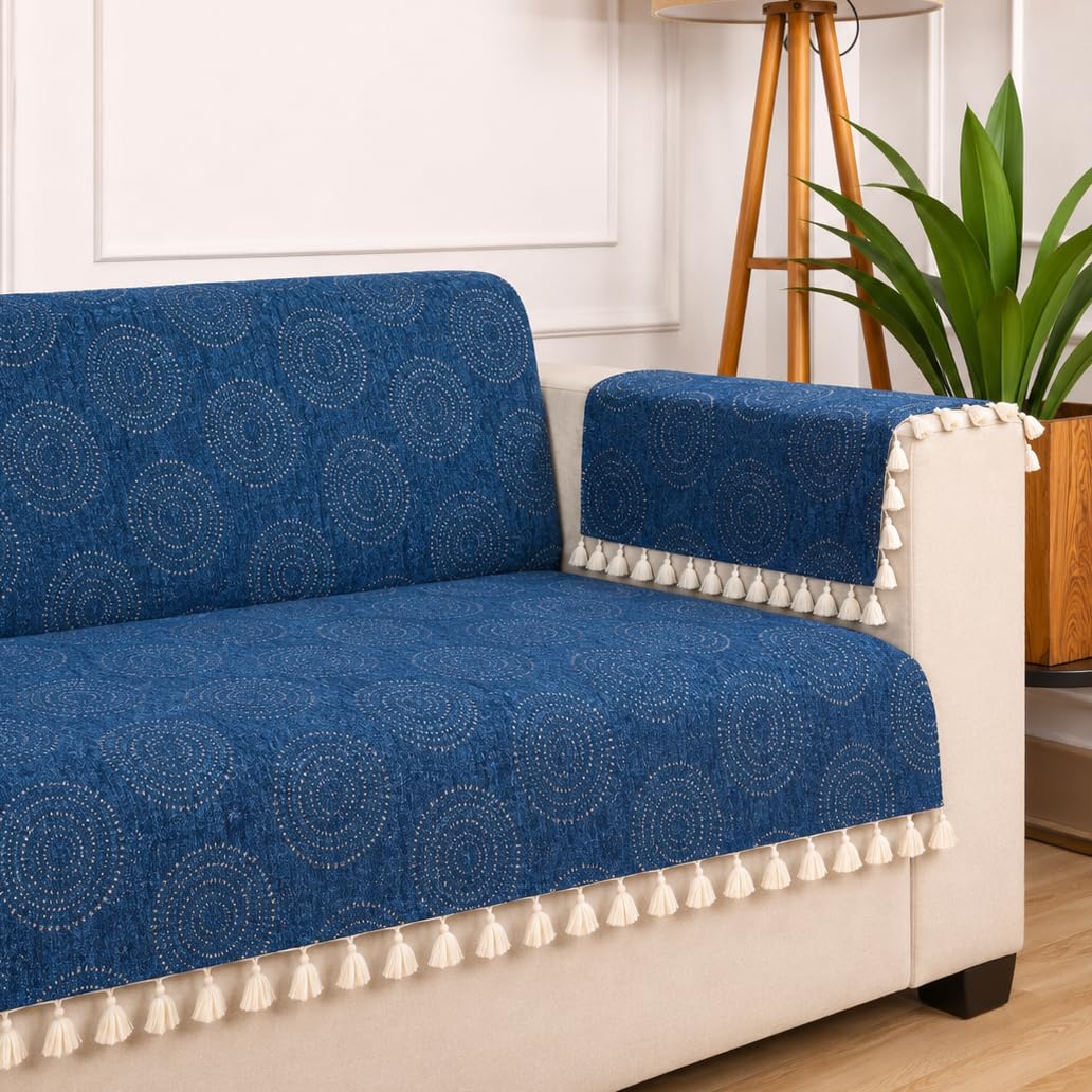STITCHNEST Woven Fabric Sofa Cover 2 Seater with 2 Hand Rest Covers – Washable Blue Sofa Cover with Tassels – Durable Premium Fabric – Stylish Sofa Protector for Living Room & Furniture Decor
