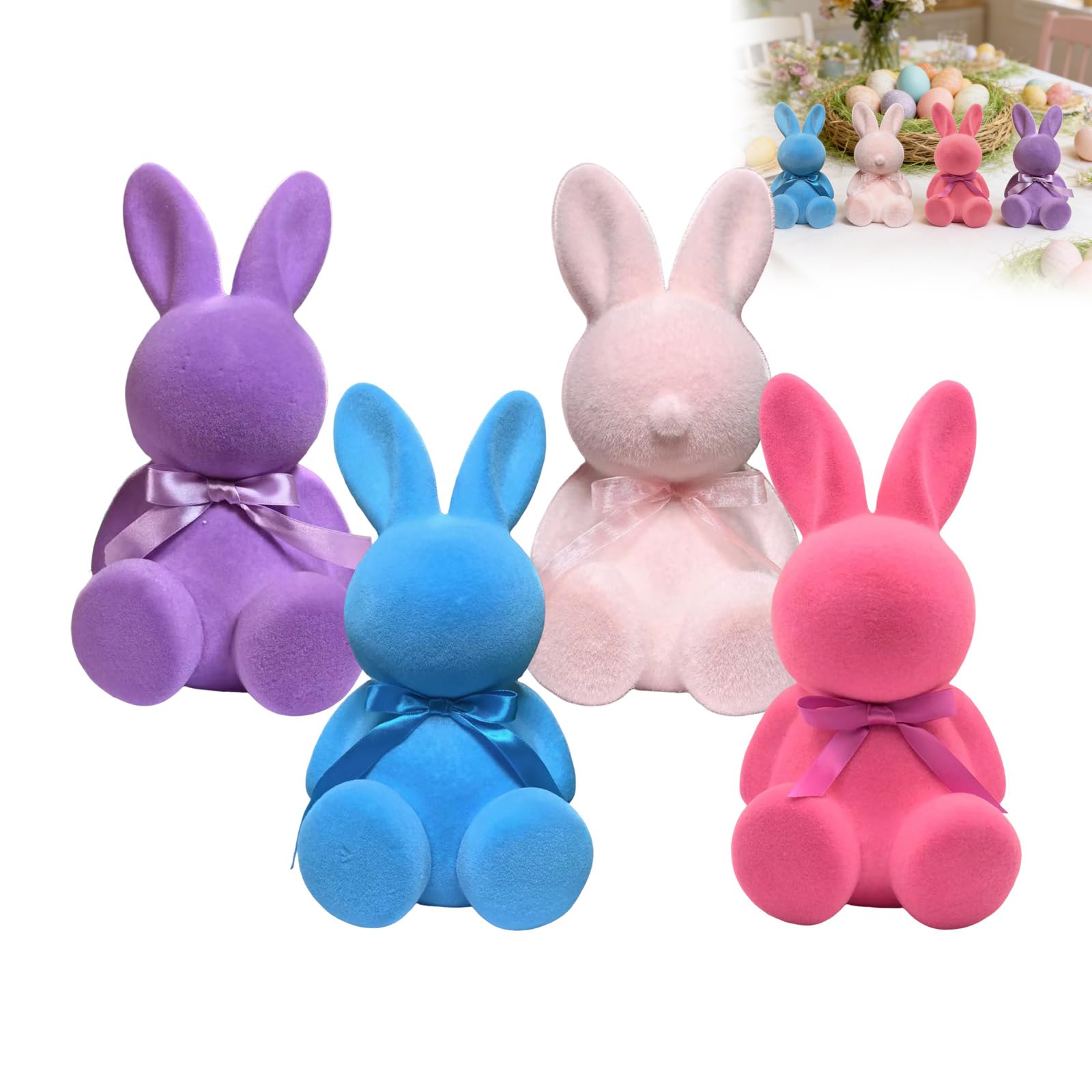 Osterhasen mit Schleifen, Sitzender Hase Deko Hase,Hasenfiguren in Pastellfarben für Tisch, Regal & Wohnraum, Frühlingsdeko (Lila/Magenta/Blau/Rosa)