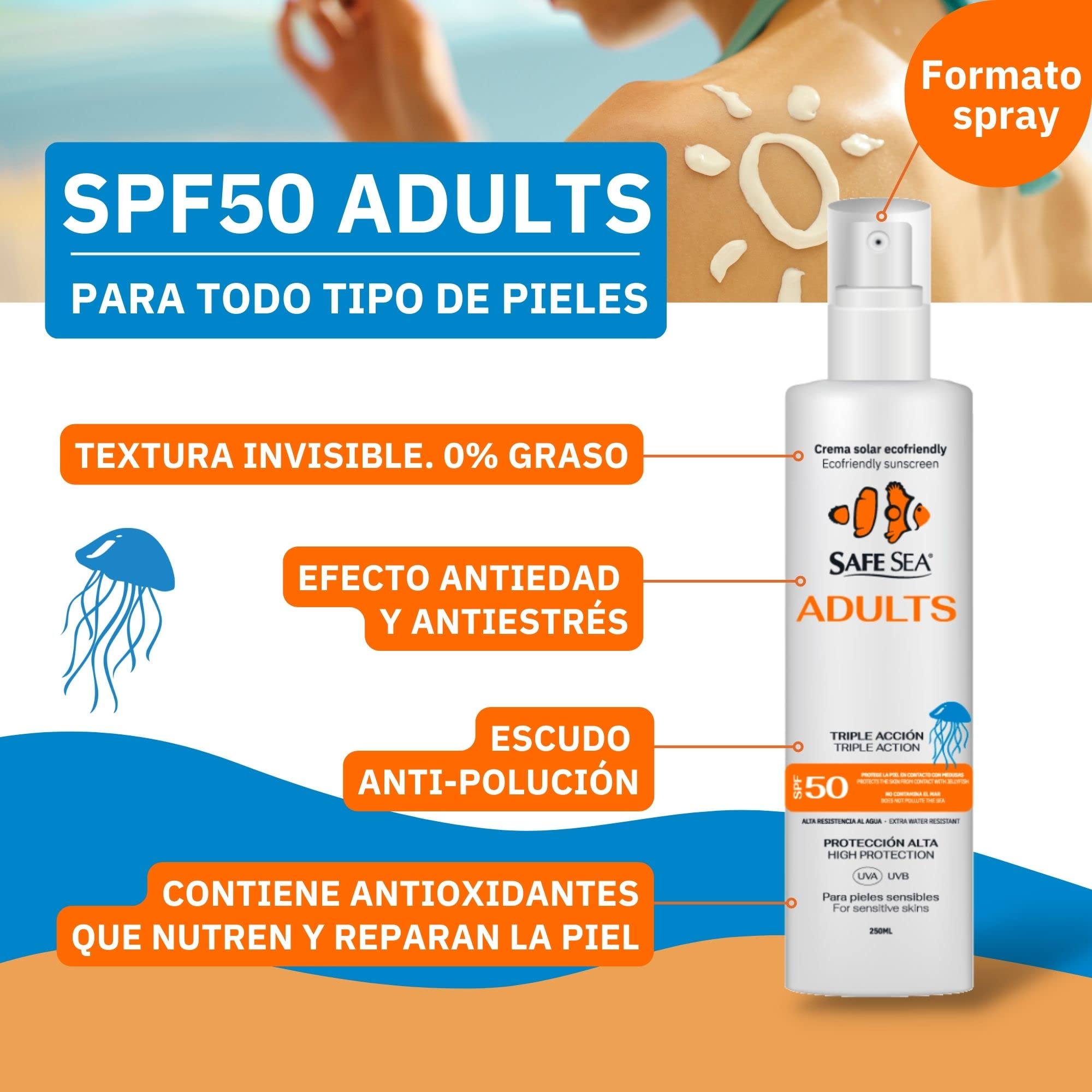SAFE SEA - Solar Medusas Crema Solar 50 SPF Adultos 250ml | Protector Solar 50 Eco-Friendly | Spray Solar 50 | Proteccion Solar 50 SPF | Antimedusas