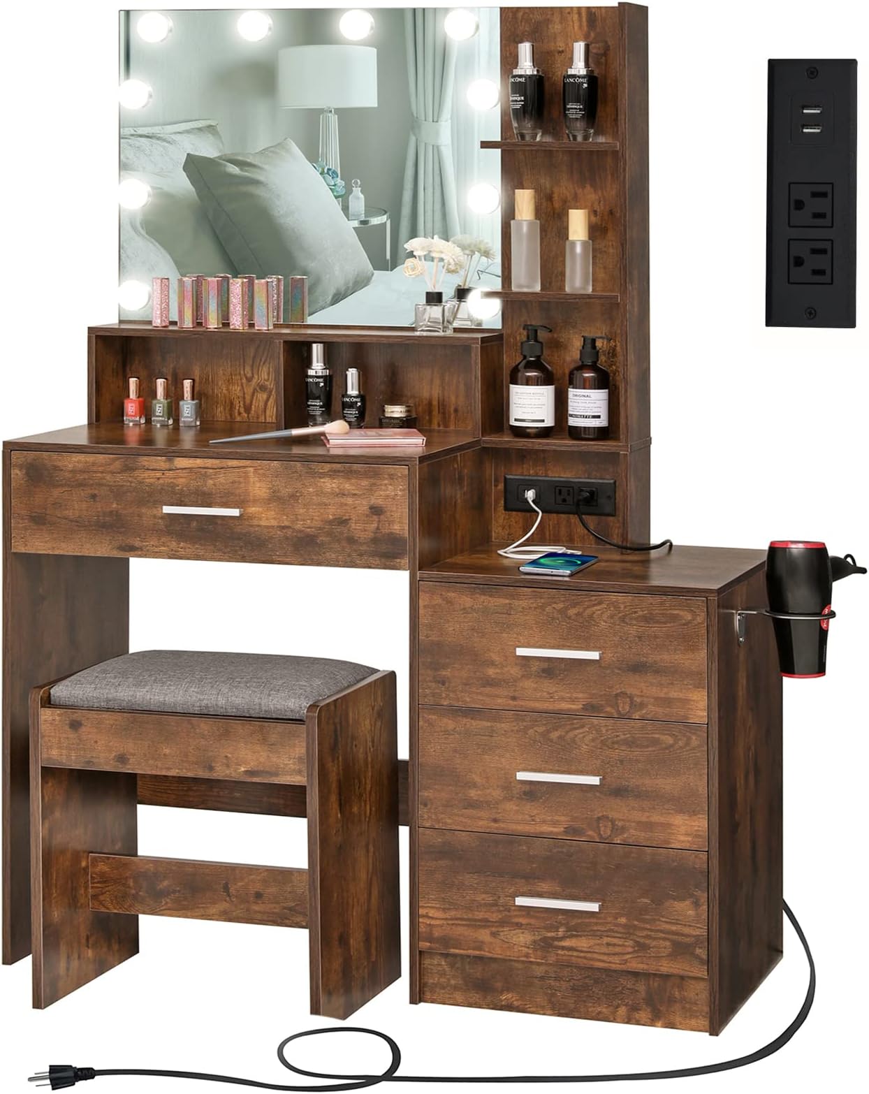 Amazon.com: Farmhouse Vanity Desk with Mirror and Lights, 41" Sliding ...