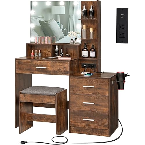 usikey Large Vanity Table Set with Lighted Mirror & Charging Station, Makeup Vanity Dressing Table with 4 Drawers for Christmas Day, Vanity Desk with 3-Drawer Chest and Cushioned Stool, Rustic Brown