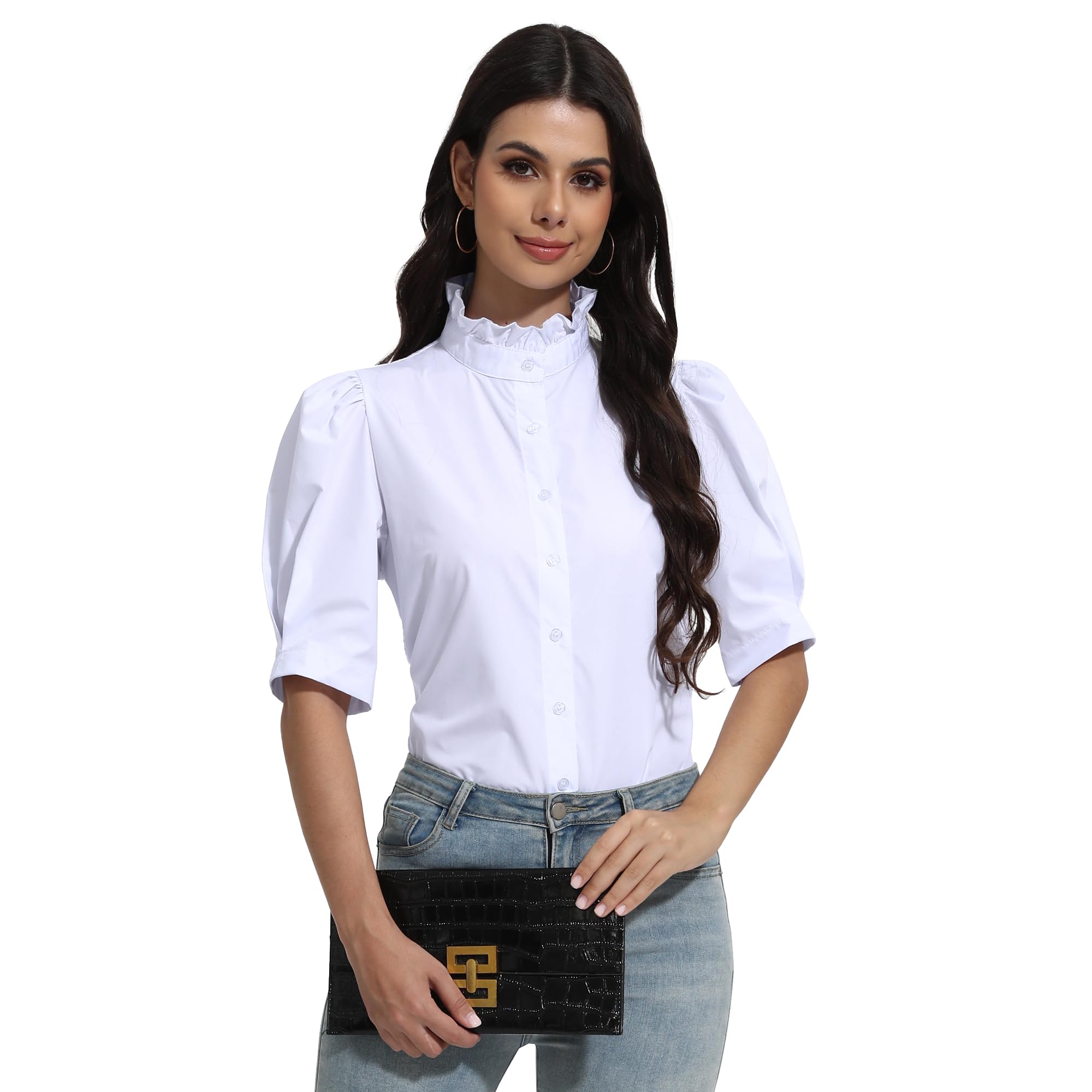 Blusa de verano 2024 para mujer, color negro, con volantes, cuello alto, con botones, mangas abullonadas, Blanco
