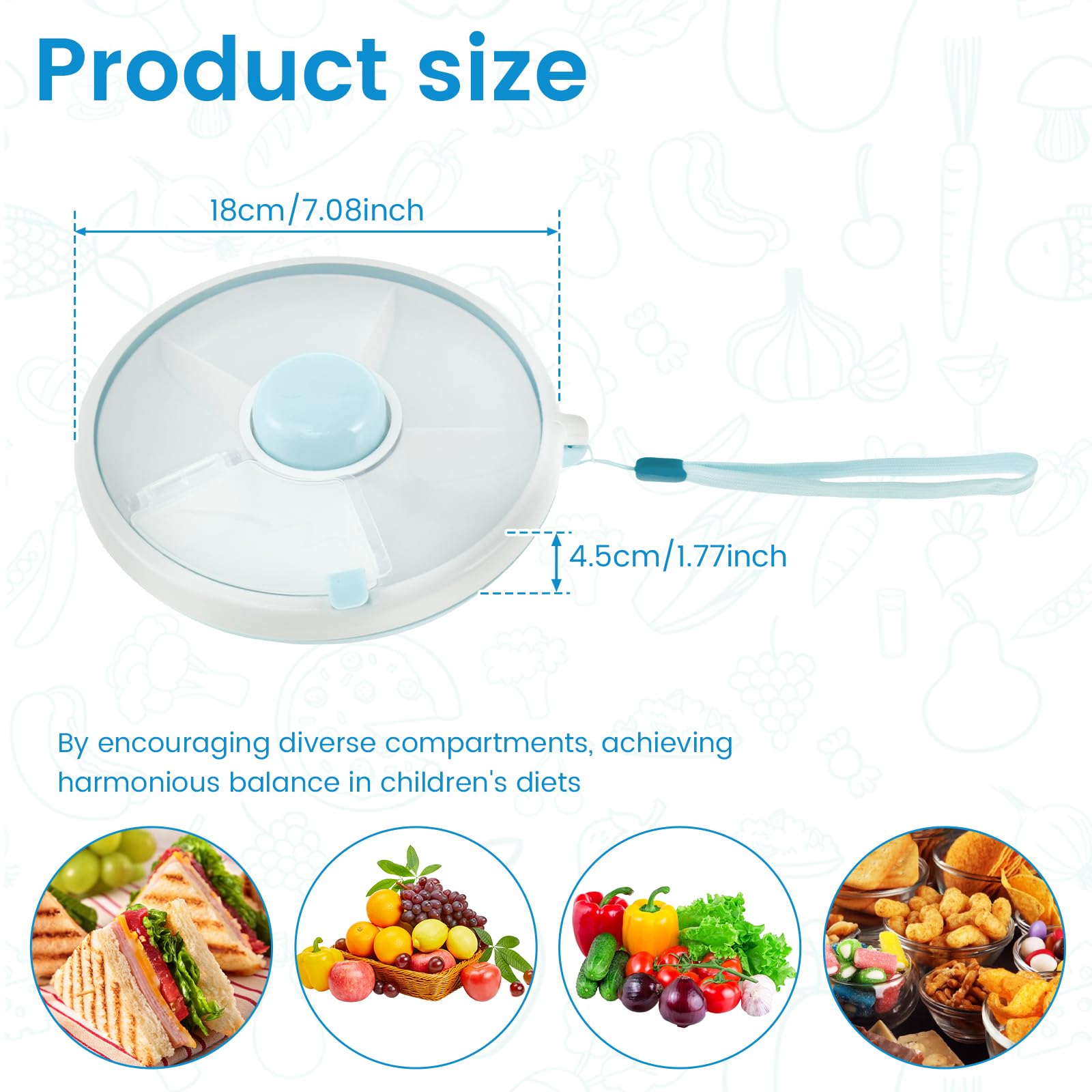 Kids Snack Spinner Toddler Spinner Snack Box with Hand Strap 18cm 5 Compartments Portable Snack Serving Tray Divided Kids Snack Container for Picnic Travel Candy Nut(Blue) - Image 3