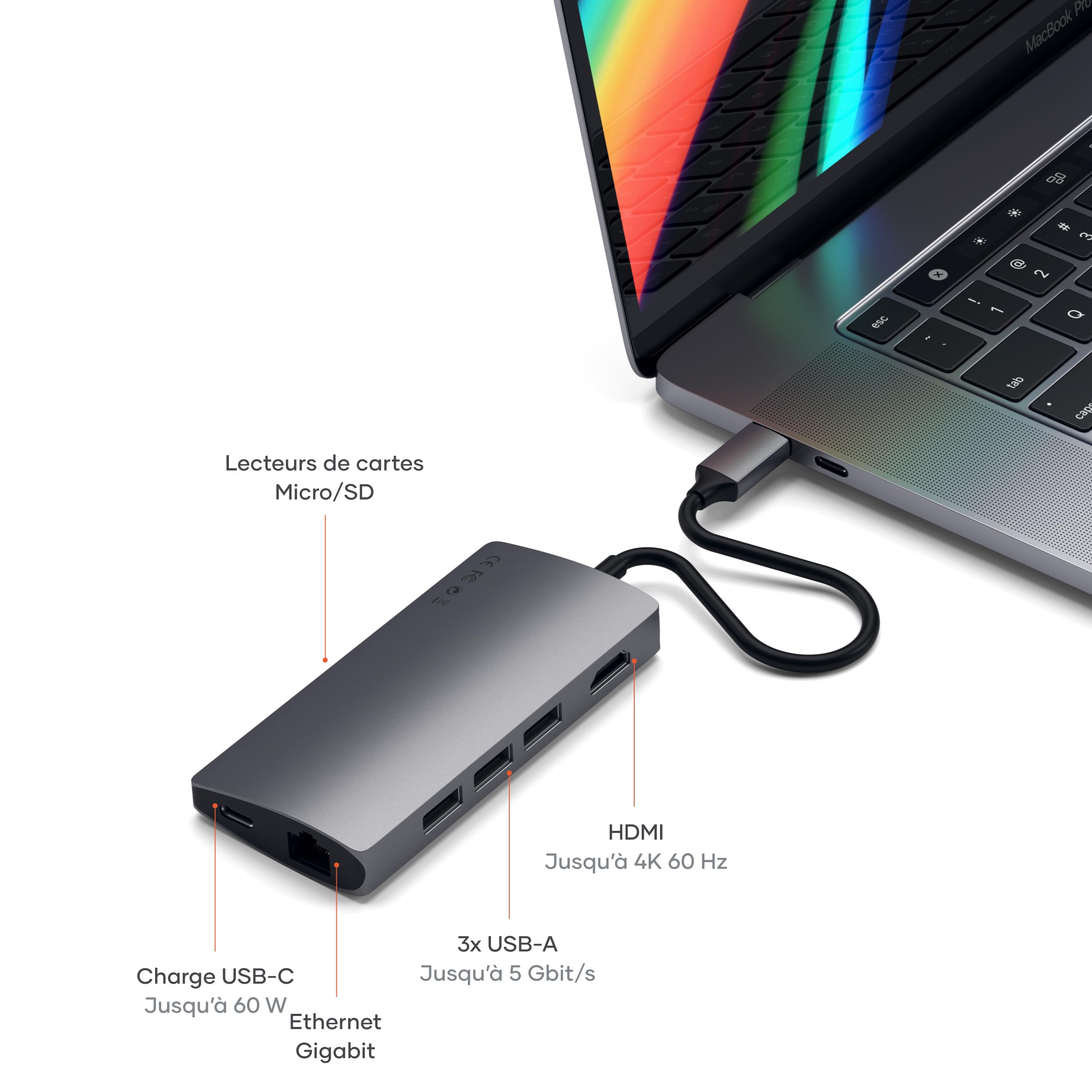 SATECHI Hub USB C 8 en 1 V2, PD 60W, HDMI 4K, Gris Sidéral | Ethernet Gigabit, 4K@60Hz, 3x Ports USB-A 10 Gbps, lecteur SD/MicroSD, pour MacBook, PC portables Windows et plus