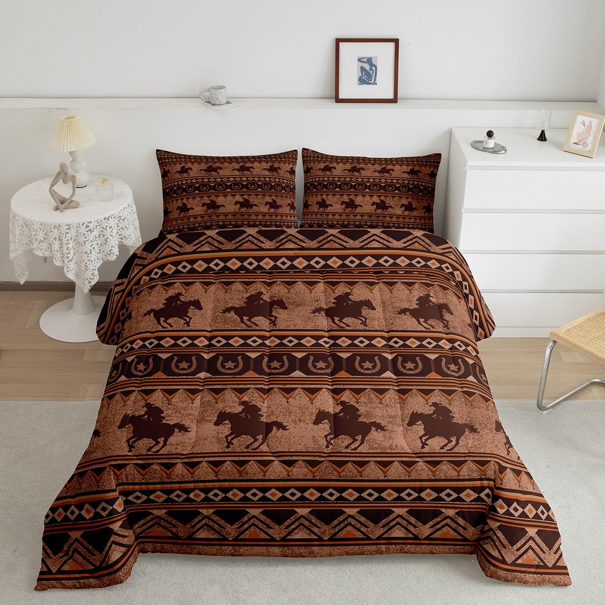 Feelyou Western Decor - Juego de edredón tamaño matrimonial con diseño de caballo, juego de ropa de cama azteca nativo del suroeste, juego de ropa de cama retro, exótico, bohemio, decoración de