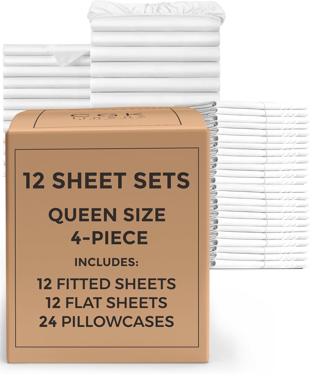 Bulk Case Pack of 12 Sheet Sets - (12) Complete Sheet Sets - Bulk Queen Bedding - Wholesale Case Pack for Hotels, Spa & Airbnbs - Deep Pocket, Fade & Wrinkle Free - Cooling & Breathable - Queen, White (Queen (Pack of 12)) Thumbnail