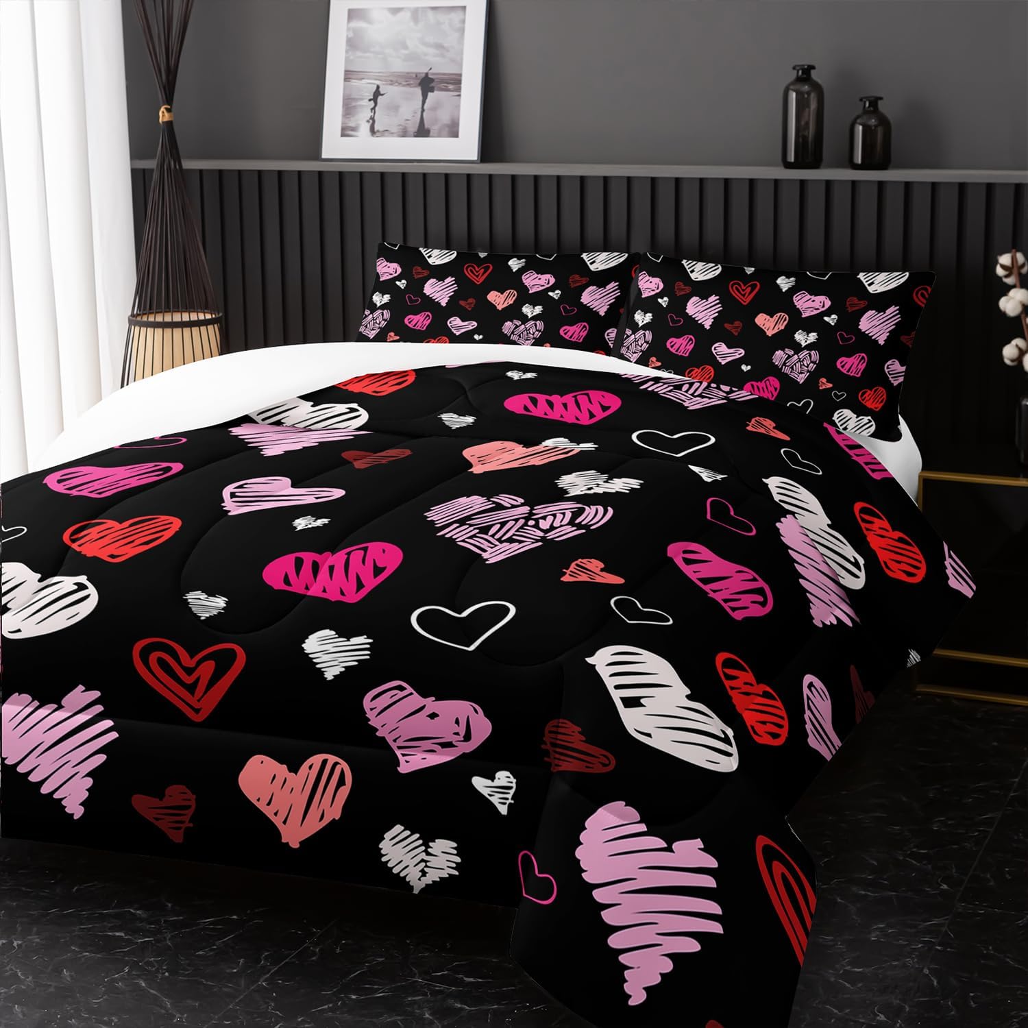 Nttopship Heart Comforter Sets Queen Size，Love Valentines Day Romantic Soft Bedding Set Pink Watercolor Kawaii Comforter Cartoon Love Heart Geometric Comforter Set Soft Warm Quilt 3Pcs