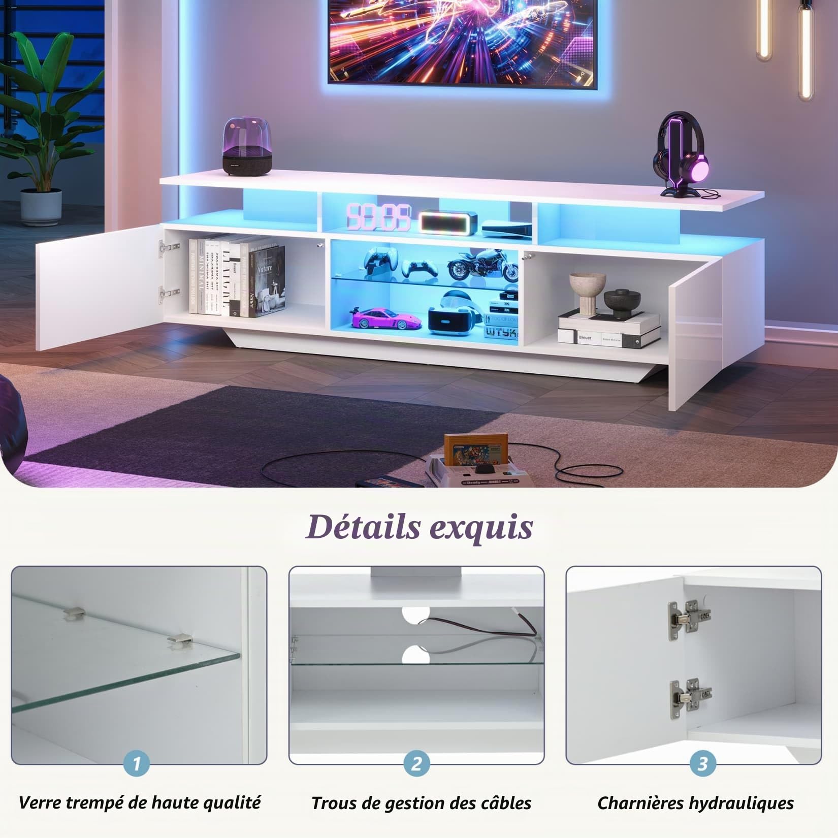 Meuble TV Blanc 160x40x45cm,Meuble Tele Brillant avec éclairage LED Réglable,2 Armoires,8 étagères,pour Téléviseurs D'environ 70 Pouces (I)