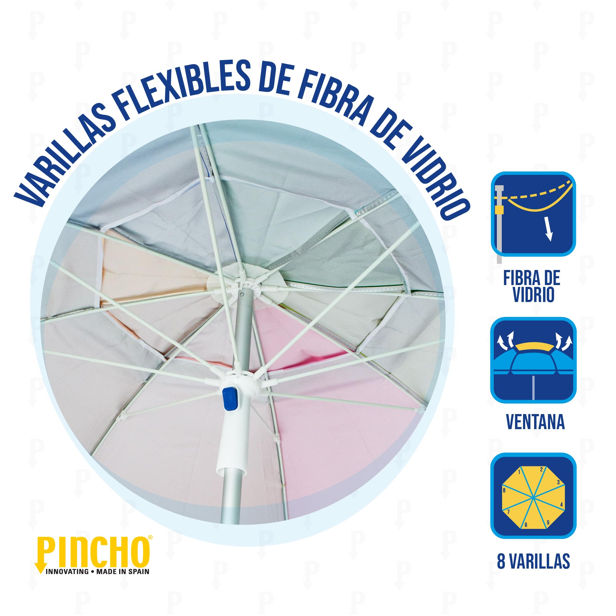 Pincho Parasol plażowy 200 cm z ochroną UV50+, regulowana wysokość, wiertło w zestawie 8 prętów wiatroszczelnych z włókna szklanego, rura aluminiowa, torba transportowa