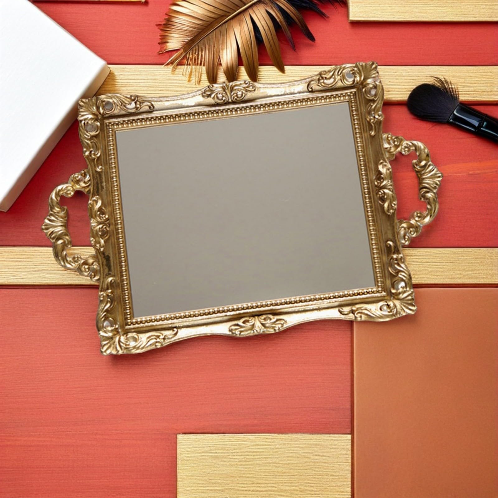 Centrotavola Moderno in Resina e Specchio Dorato, Vassoio Decorativo Piatto Stile Nordico Retrò per Esposizione Dolci e Frutta, per Matrimonio e Hotel