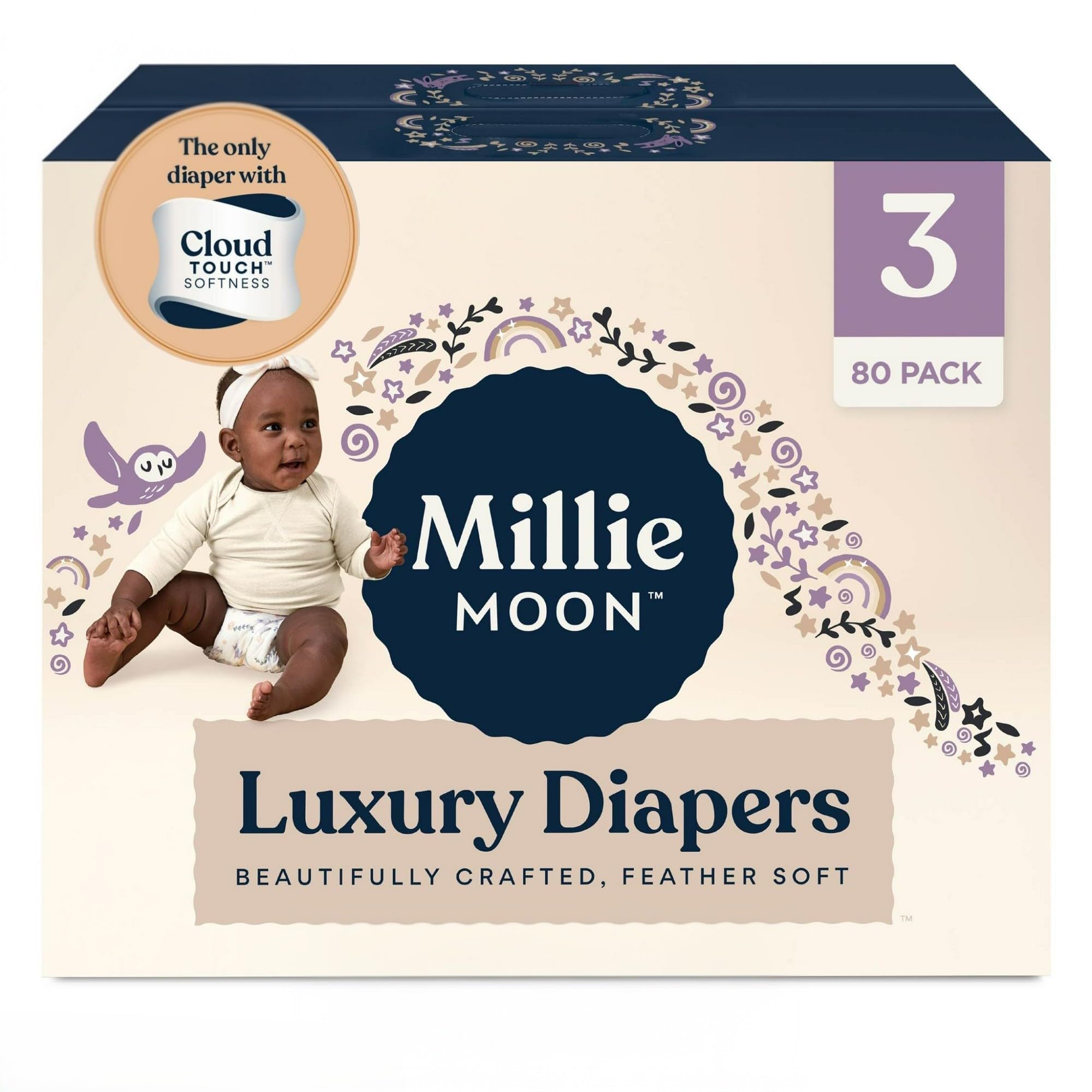 Millie Luxury Diapers – Ultra Soft Cloud Touch Disposable Diapers with 12 Hour Absorbency & Wetness Indicator (3-80ct)