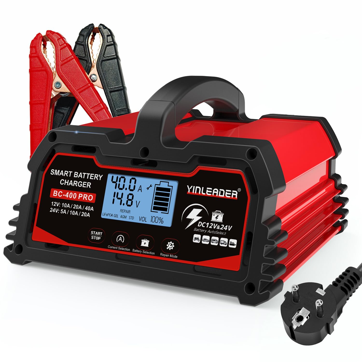 Yinleader Cargador de batería inteligente 40A 12V/24V 20A Cargador de coche LCD Soporte de batería para AGM Moto