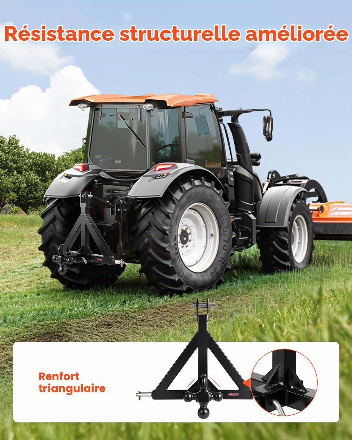 VEVOR Attelage 3 Points avec Récepteur 5 cm, Fixation Rapide 3 Points, avec 3 Boules de Remorquage, Adaptateur Barre de Remorquage Robuste pour Travaux Agricoles pour Plupart Tracteurs à Attelage 5 cm