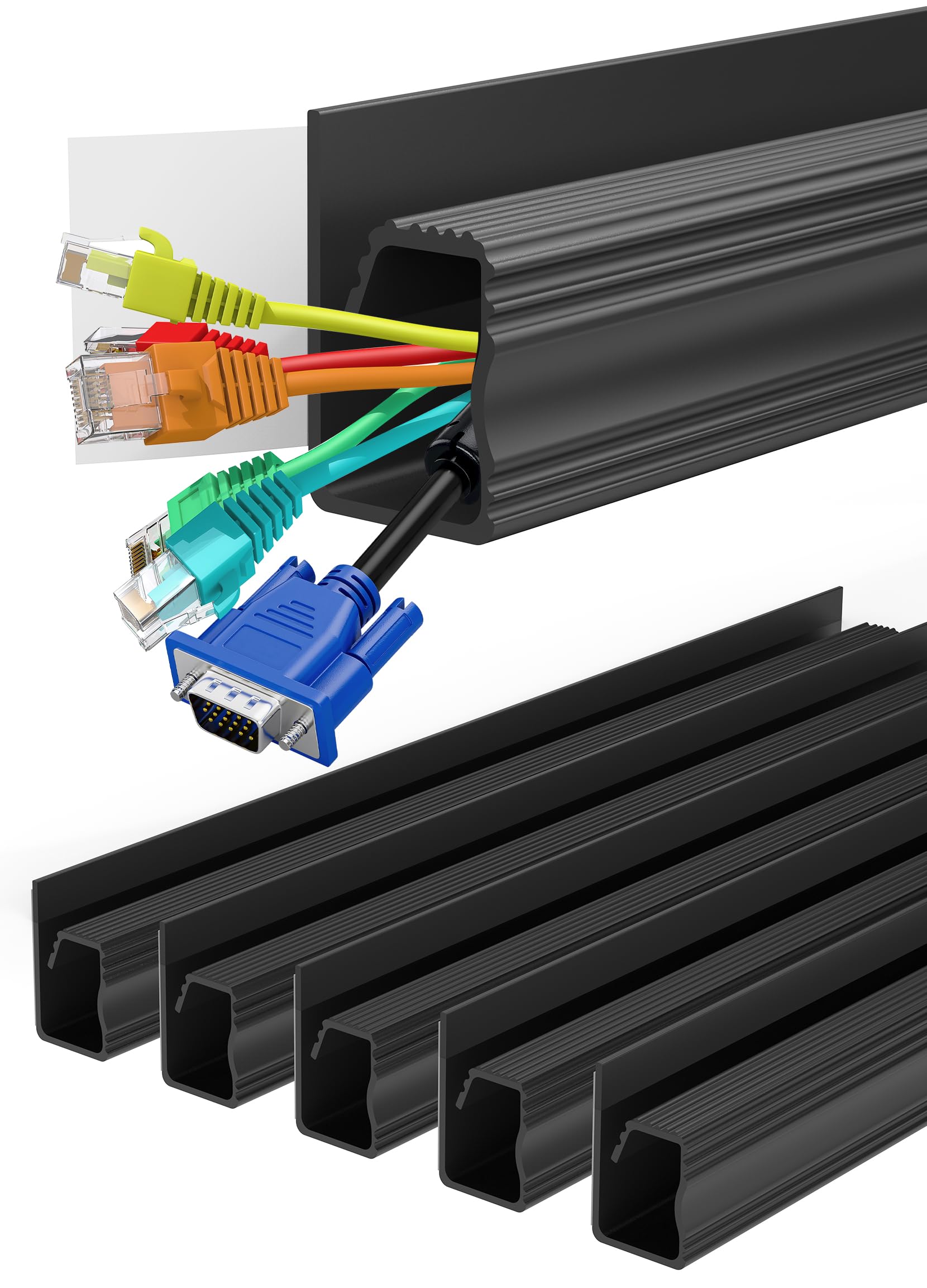 Under Desk Cable Management - Adhesive Cable Organizer for Home & Office, No-Drill Cord Management System, J Channel Cable Raceway for Desk, 6 Pack