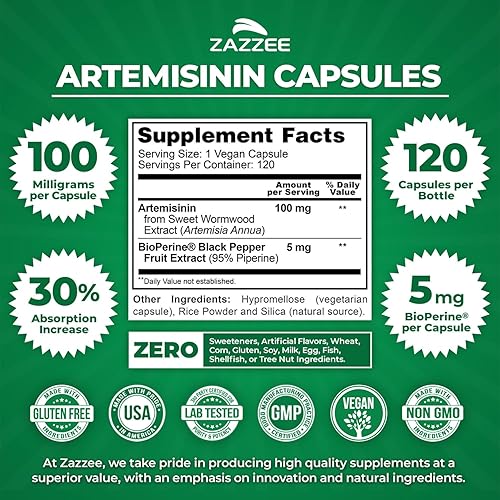 Miniatura 3 de Zazzee - Artemisinina 100mg por cápsula 120cápsulas veganas 4meses de suministro más 5mg de BioPerine para una mejor absorción extracto de ajenjo