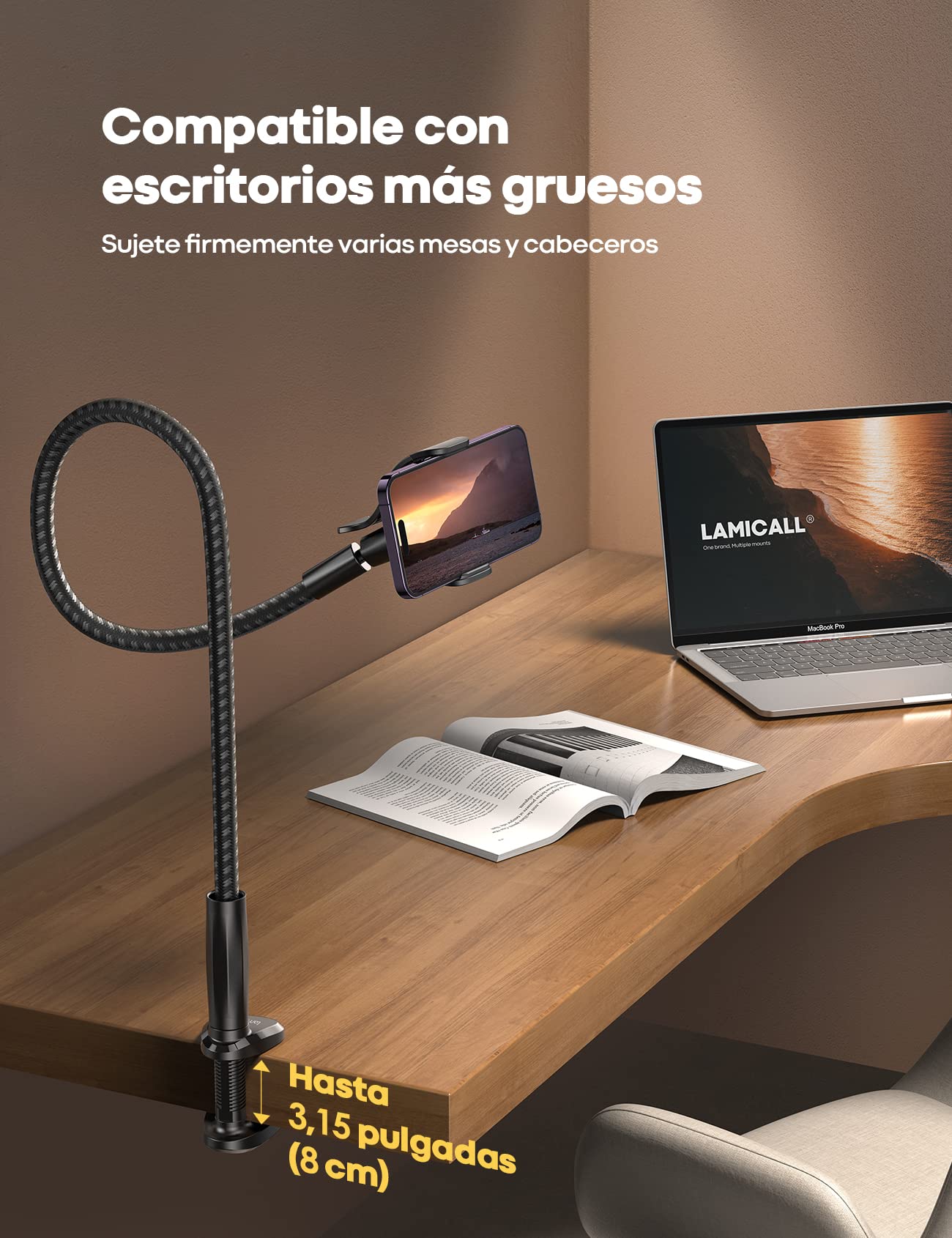 Lamicall Soporte Móvil con Cuello de Cisne - [Novedoso Tejido de Nylon] 97cm Brazo Flexible, Clip Ajustable de 360°, Soporte para Cama para iPhone 17/16/15/14/13/12/11 Pro MAX, Otros 4-7”Smartphones