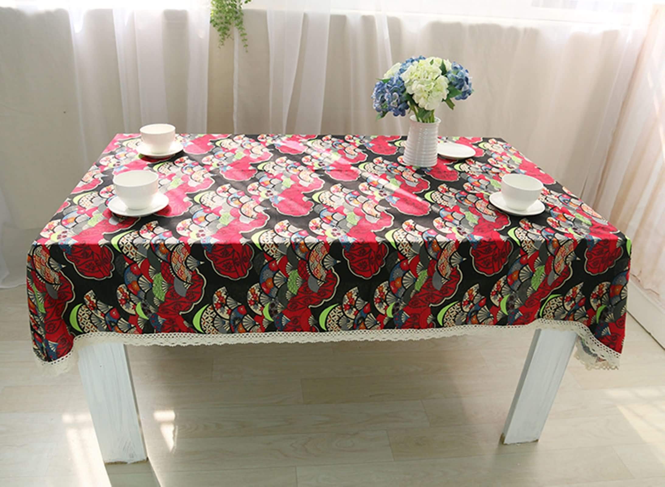 Nappe lin coton imprimé éventail 140x220 de haute qualité avec dentelle rouge