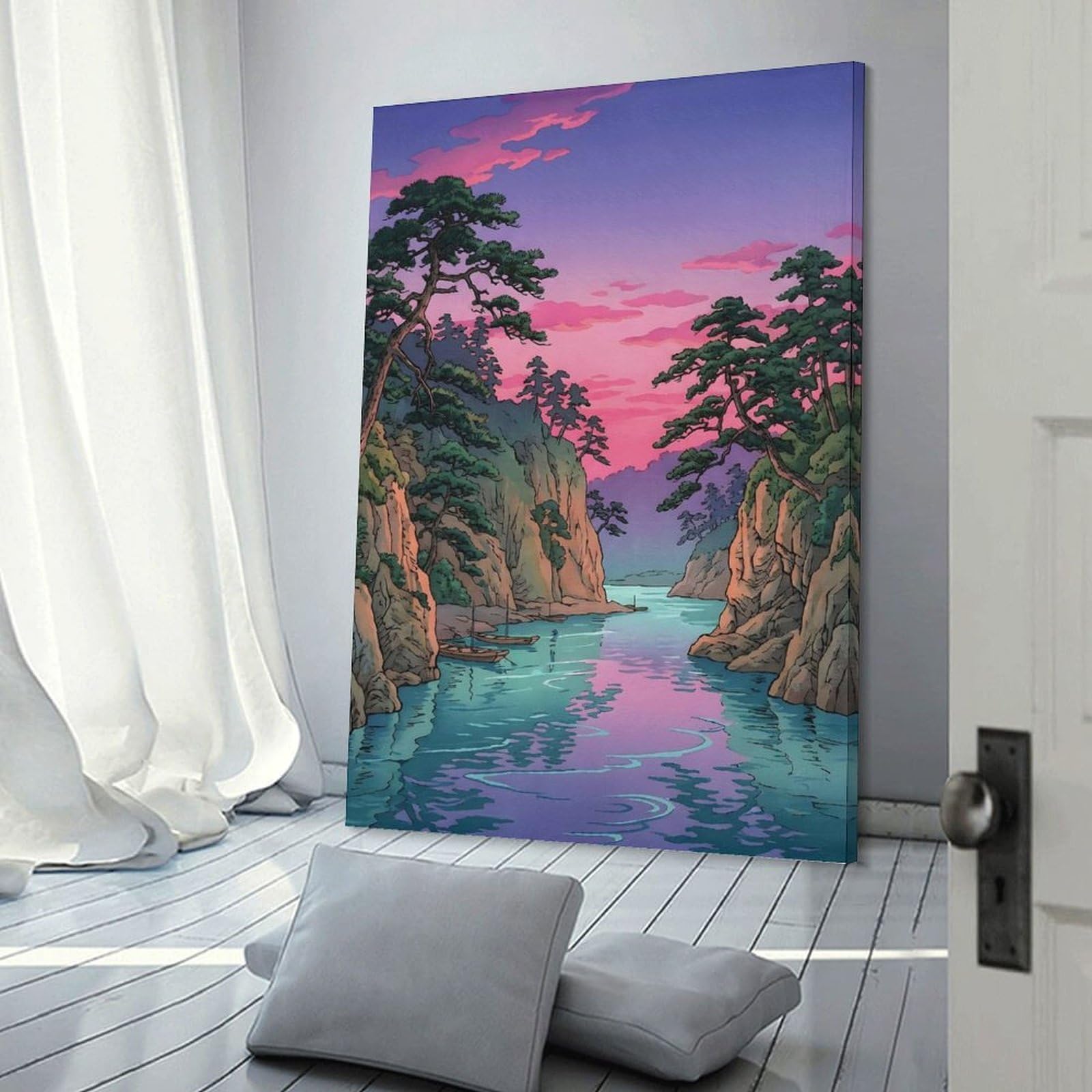 Junmoney Serene River Landscape at Sunset Canvas Art Print 20x30inch(50x75cm), for Front Hall, Corridor Or Welcome Spaces, Home Artwork for First Impressions