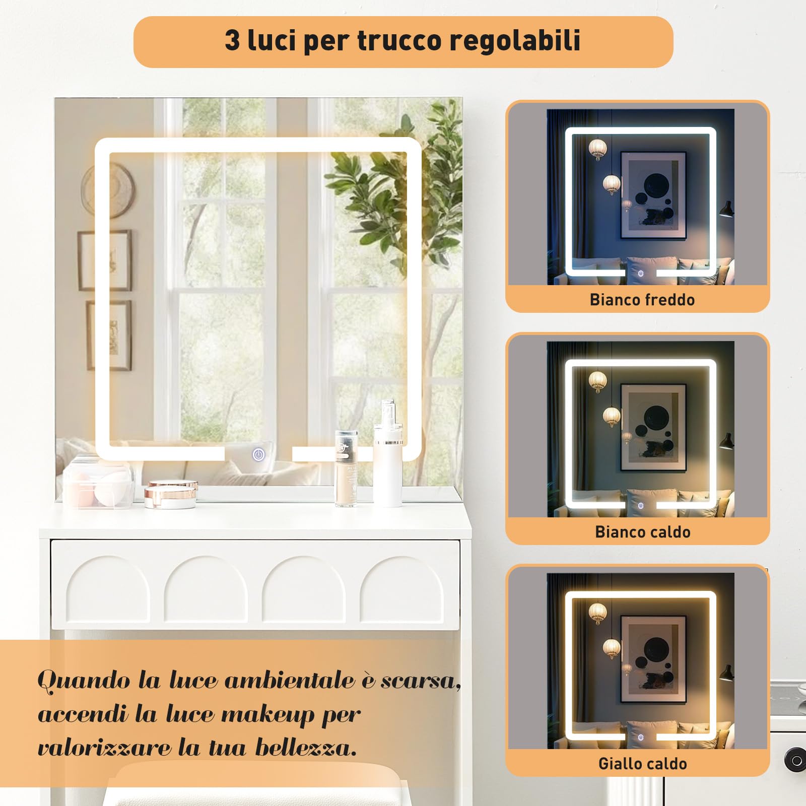 LEMROE Toeletta con Specchio LED Touch 3 Luci, Postazione Trucco con Cassetti e Panchetta, Design Compatto per Piccoli Spazi, Bianco (Bianco)