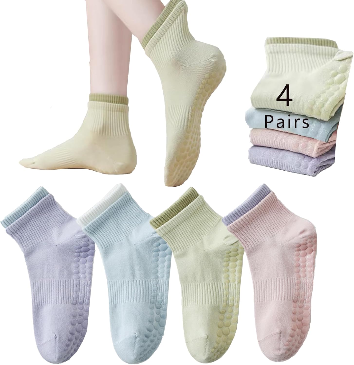 4 Pairs Pilates Grip Socks Non Slip Socks,Yoga Socks for Women,Athletic Socks for Pilates,Workout,Hospital