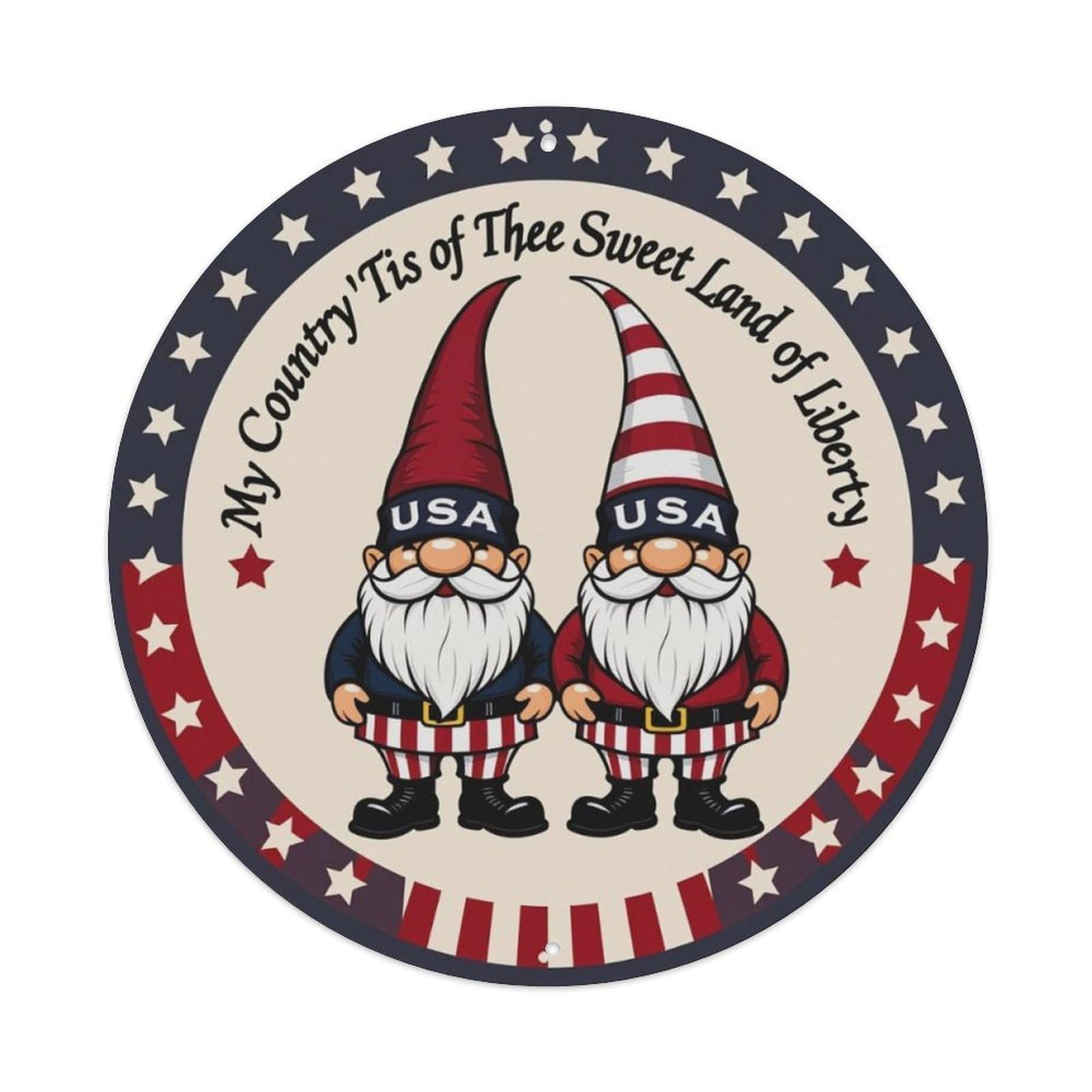 USA Patriotic Gnome Round Decor Sign Vintage Aluminium Metal Sign, Retro Wall Decor for Home, Bar, Garage & Farmhouse 20x20cm