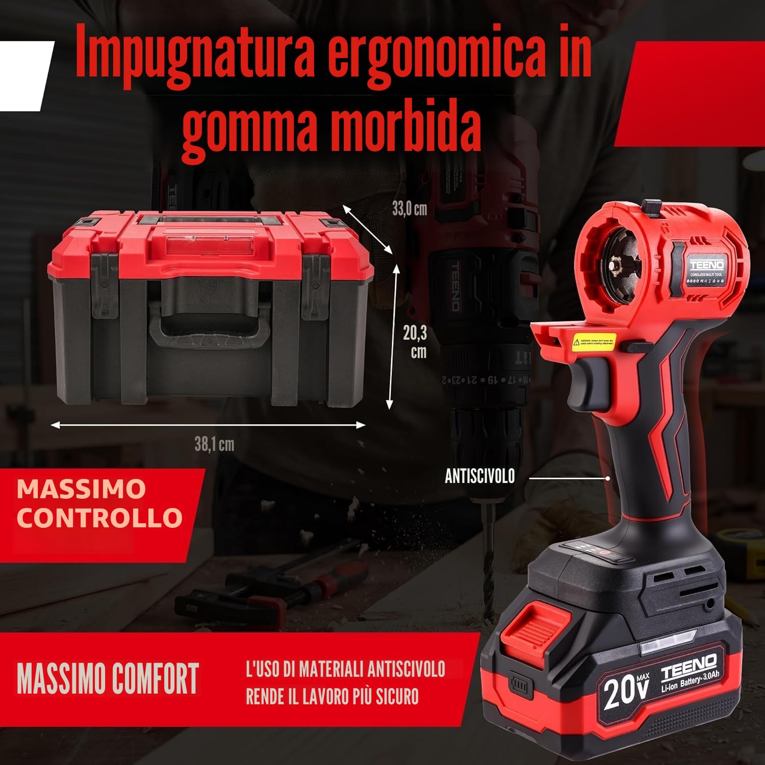 Kit Combinato Wireless 20V TEENO, Strumento Multifunzionale Wireless 8 in 1 Con Custodia, Trapano, Sega a Catena, Cef A Urto, Strumento Oscillante, Levigatrice Con Accessori (8 IN 1)