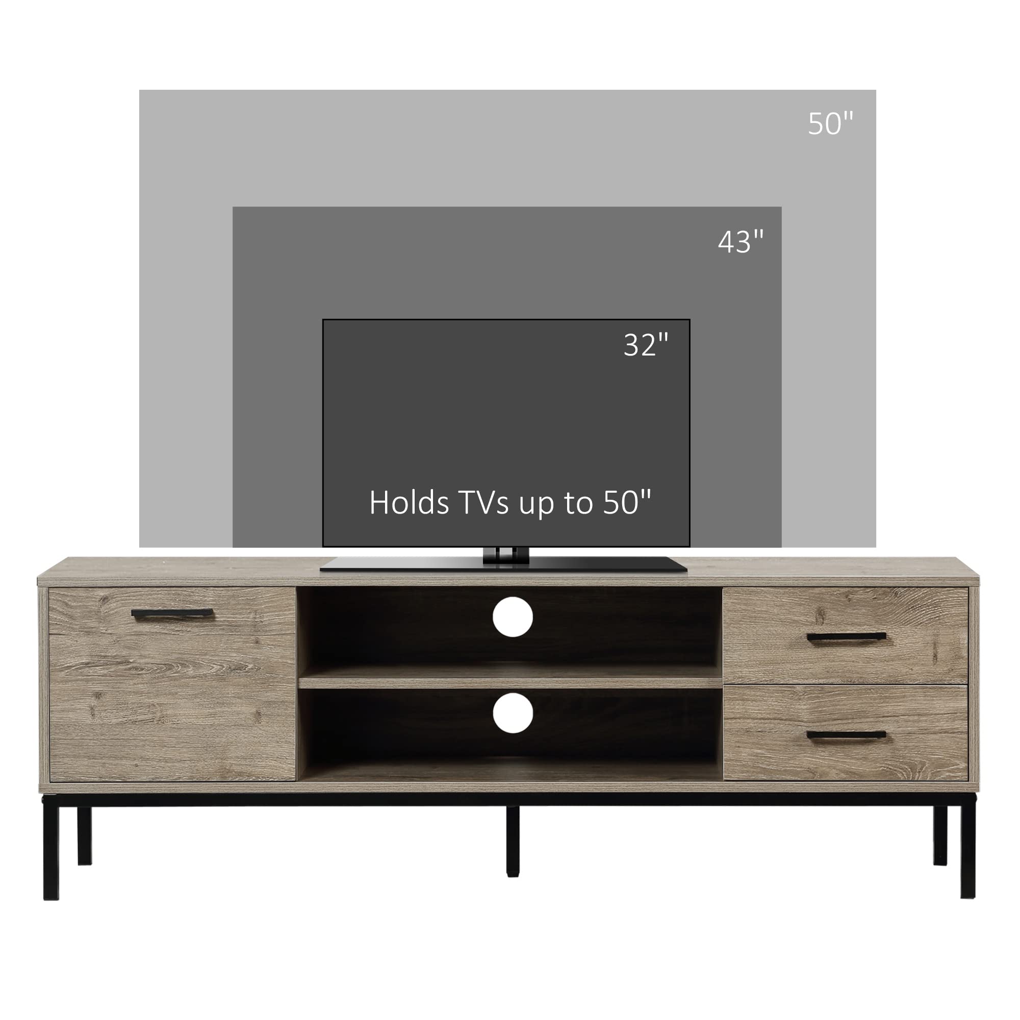 Mobile TV In Legno Effetto Grigio/Nero HOMCOM, 132 Cm, Per TV Fino A 50", Con Cassetti, Armadio E Passacavi