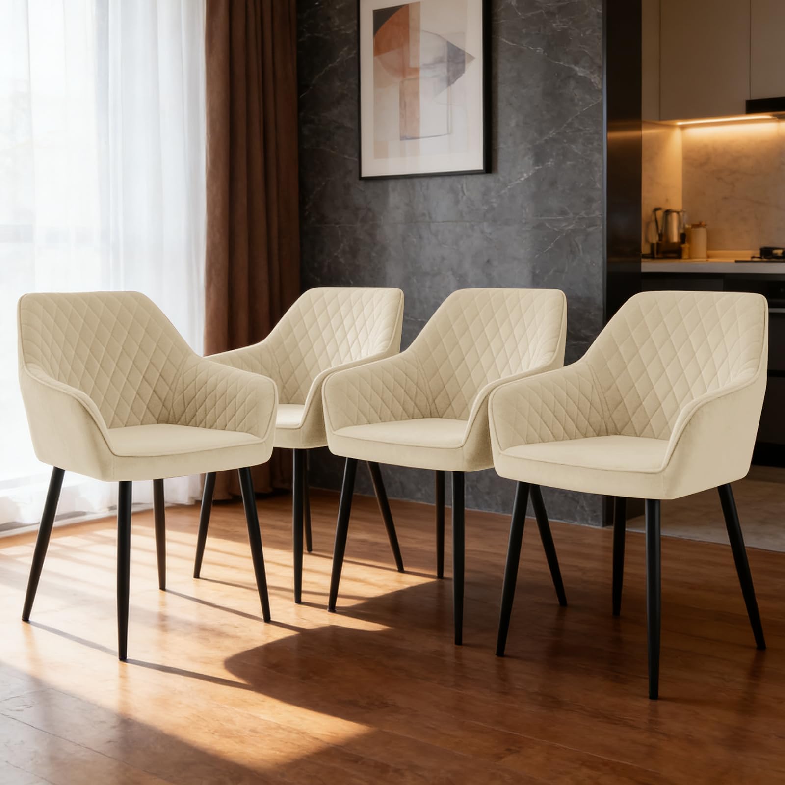 ZOONFA Dining Chair Set of 4 Upholstered Velvet Kitchen Chairs with Metal Legs Backrest and Armrest Modern Accent Chair for Dining Room Living Room (Beige)