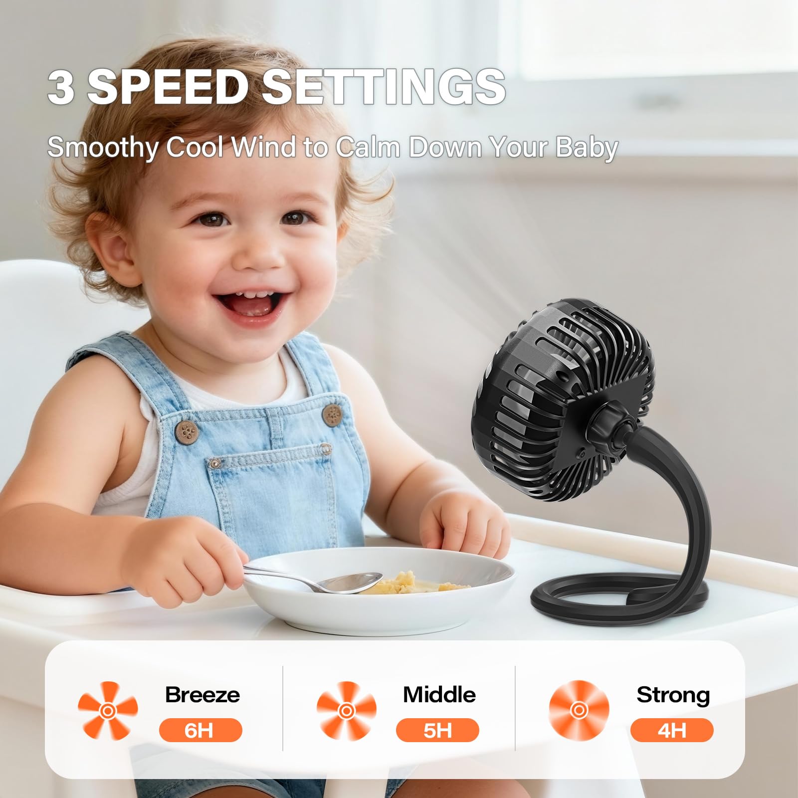 A2C Ventilateur portable pour poussette [batterie rechargeable de 4000 mAh, 3 vitesses, base flexible] Refroidissement personnel pour guidon, ventilateur de voyage rotatif pour UPPAbaby/Graco/Evenflo