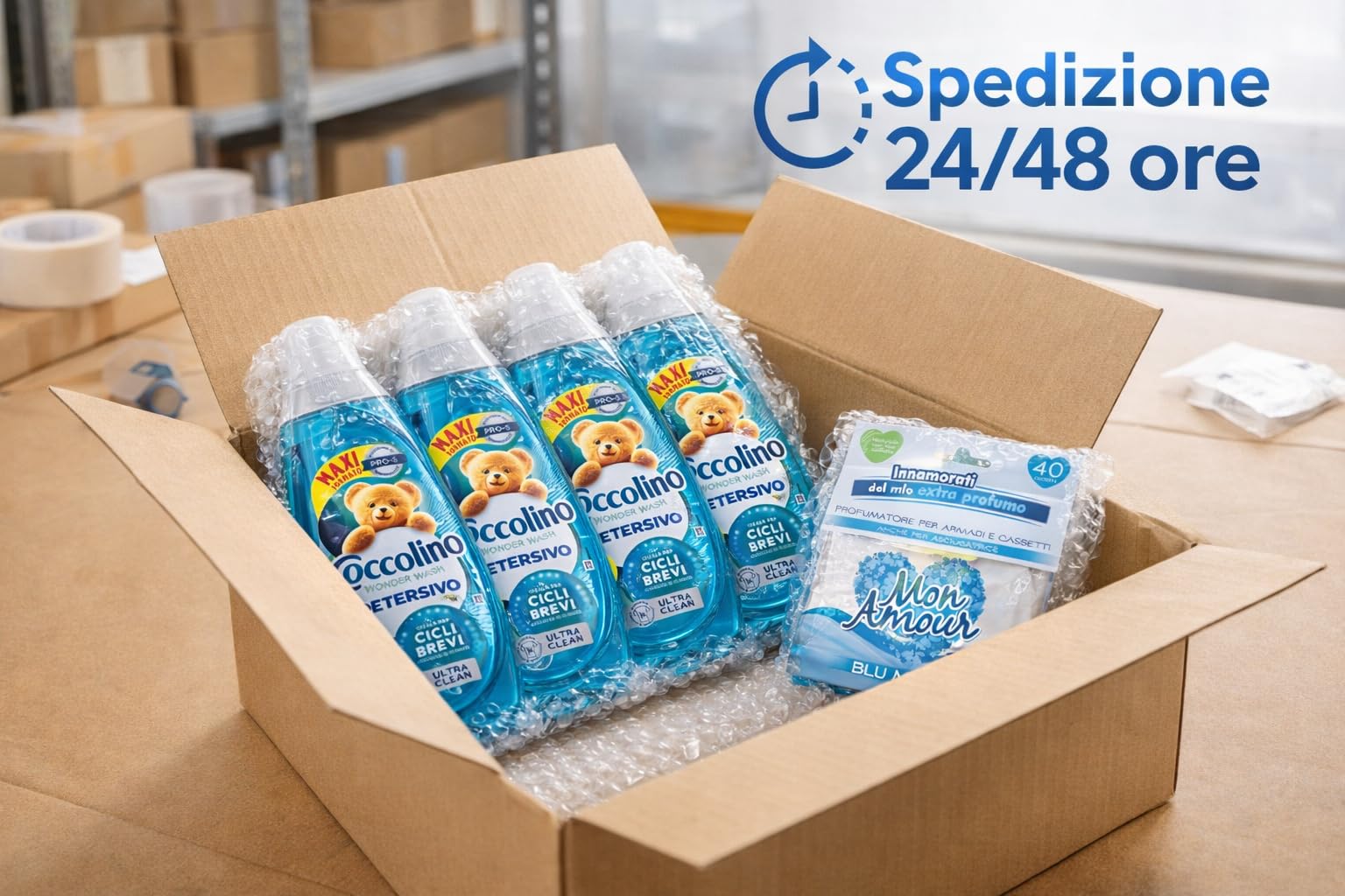 Coccolino Wonder Wash Ultra Clean 4 x 54 Lavaggi (216 Totali) – Detersivo Liquido Lavatrice 2160 ml x4 – Ideale per Cicli Brevi – Maxi Scorta Convenienza + Profumatore Mon Amour in Omaggio