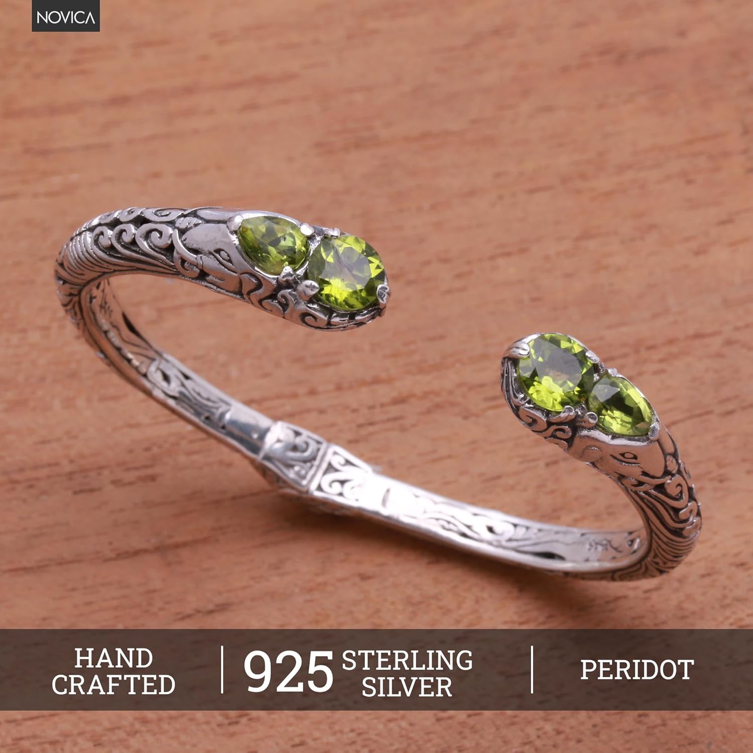 NOVICA Artisan Handmade Peridot Cuff Bracelet Elephant Motif from Bali Sterling Silver Indonesia Gemstone [6 in L (end to End) x 0.4 in W] ' Elephant' S Treasure'