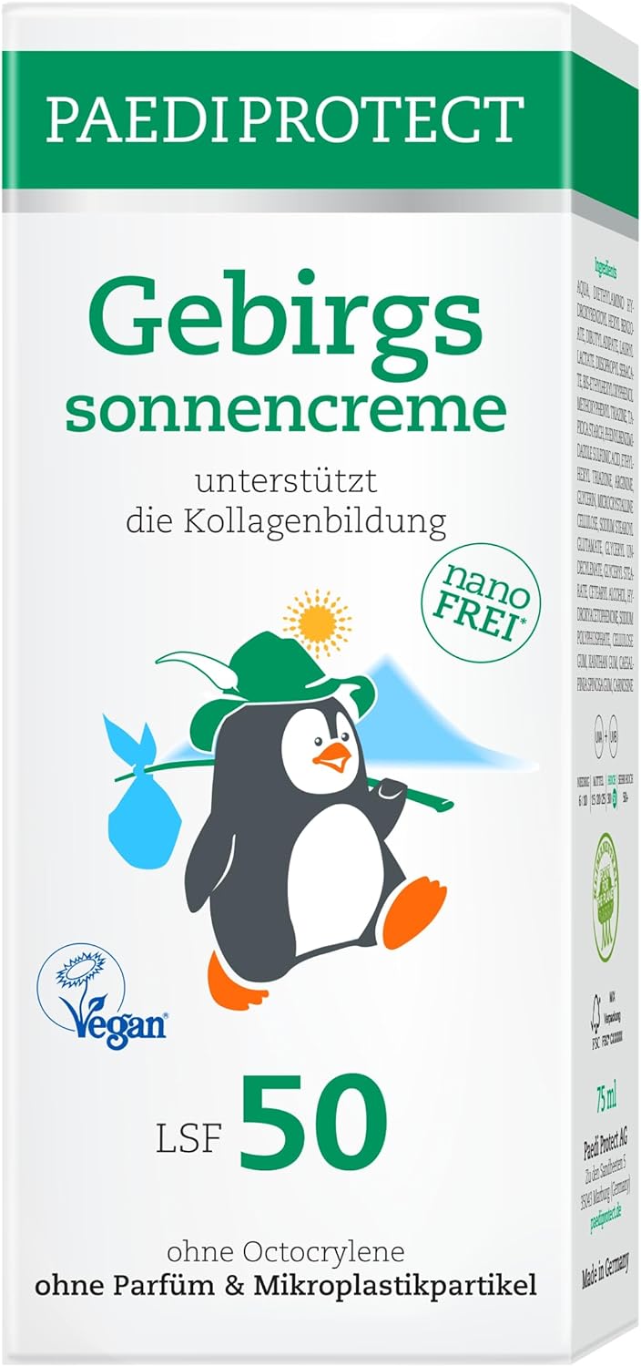 PAEDIPROTECT Gebergszonnecrème voor kinderen en volwassenen 75 ml, SPF 50, zon bescherming, zonder microplastic, zonder parfum, veganistisch, vrij van nanoartikelen, inclusief infraroodbescherming