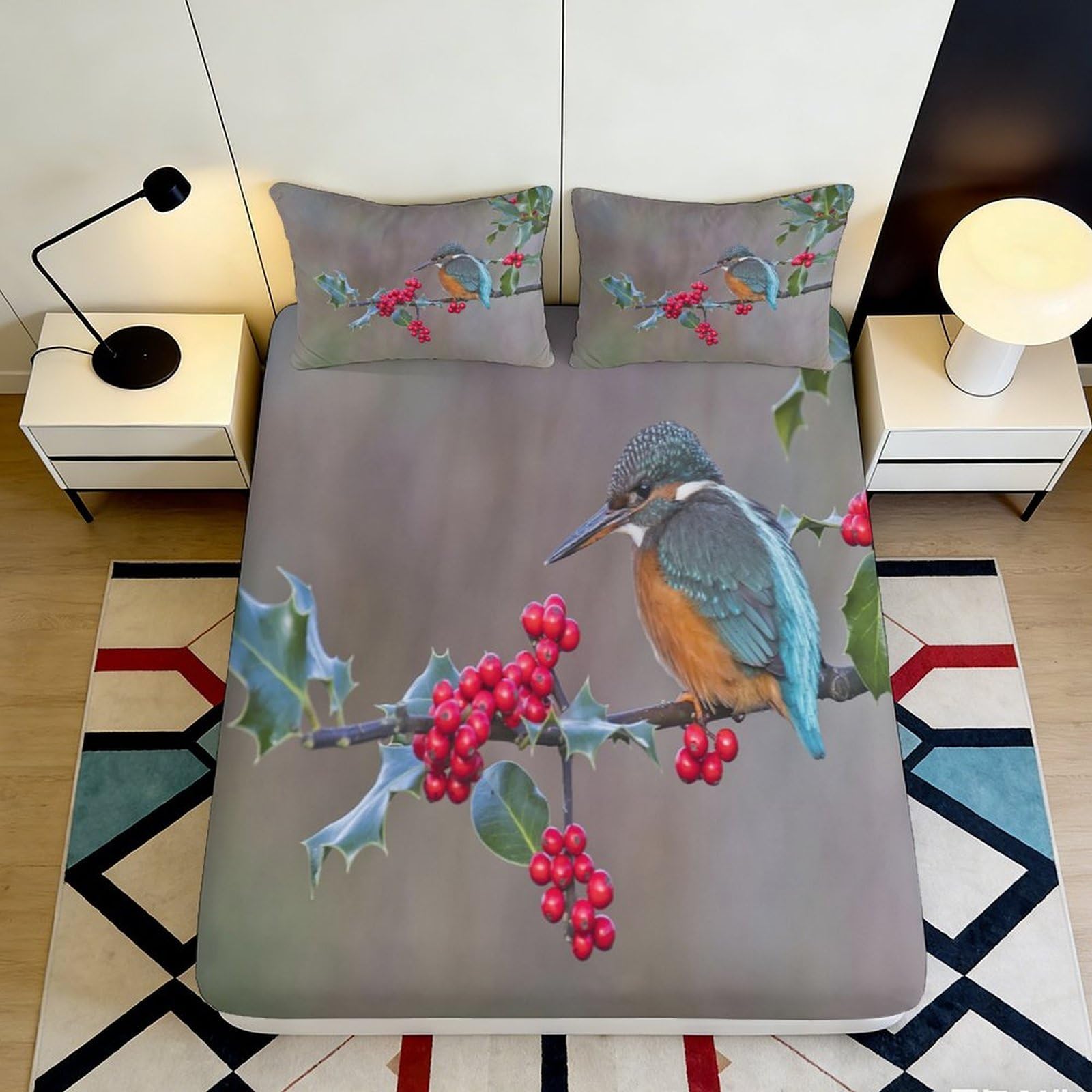 3D Printed Bird Branch Fitted Sheet Microfiber Bedroom Decor Berry Art Mattress Cover for Home Guest Room Dorm 90x200x25cm