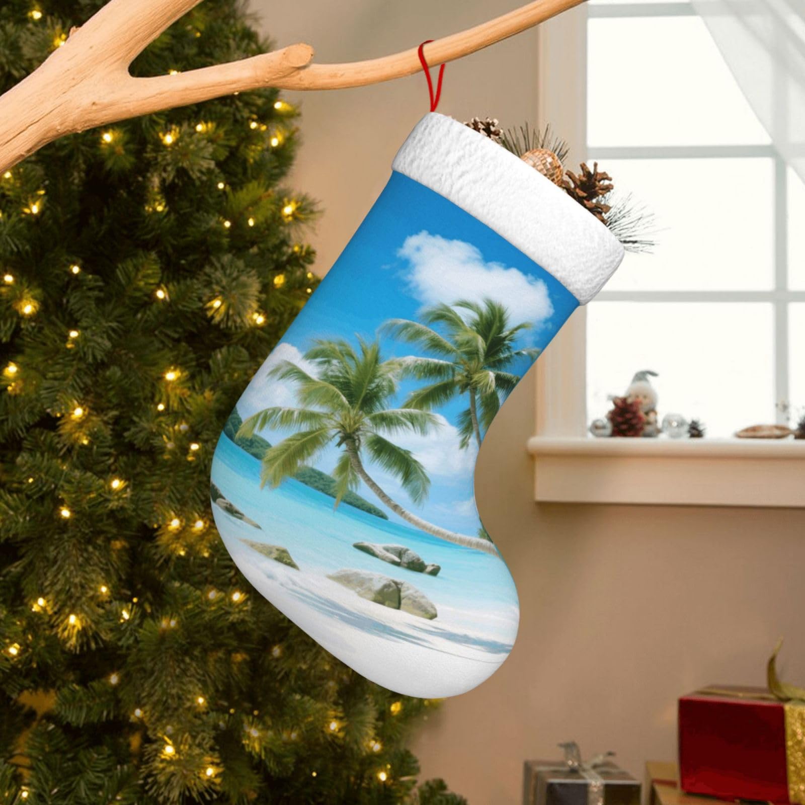 Velvet Christmas Stockings 17.7 Inch, Beach and Coconut Trees Xmas Stocking with Soft Cuff,Classic Personalized Christmas Tree Decoration for Family Holiday New Year Party Supplies
