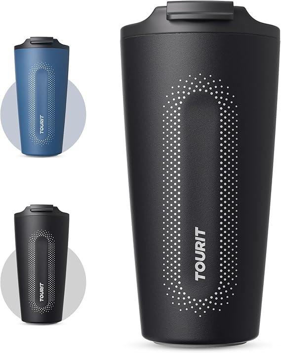 TOURIT Travel Coffee Mug 16 oz, Insulated Coffee Cups with Flip Lid, Stainless Steel Double Wall Vacuum Tumbler, Leak Proof Reusable To Go Portable Mug, Black