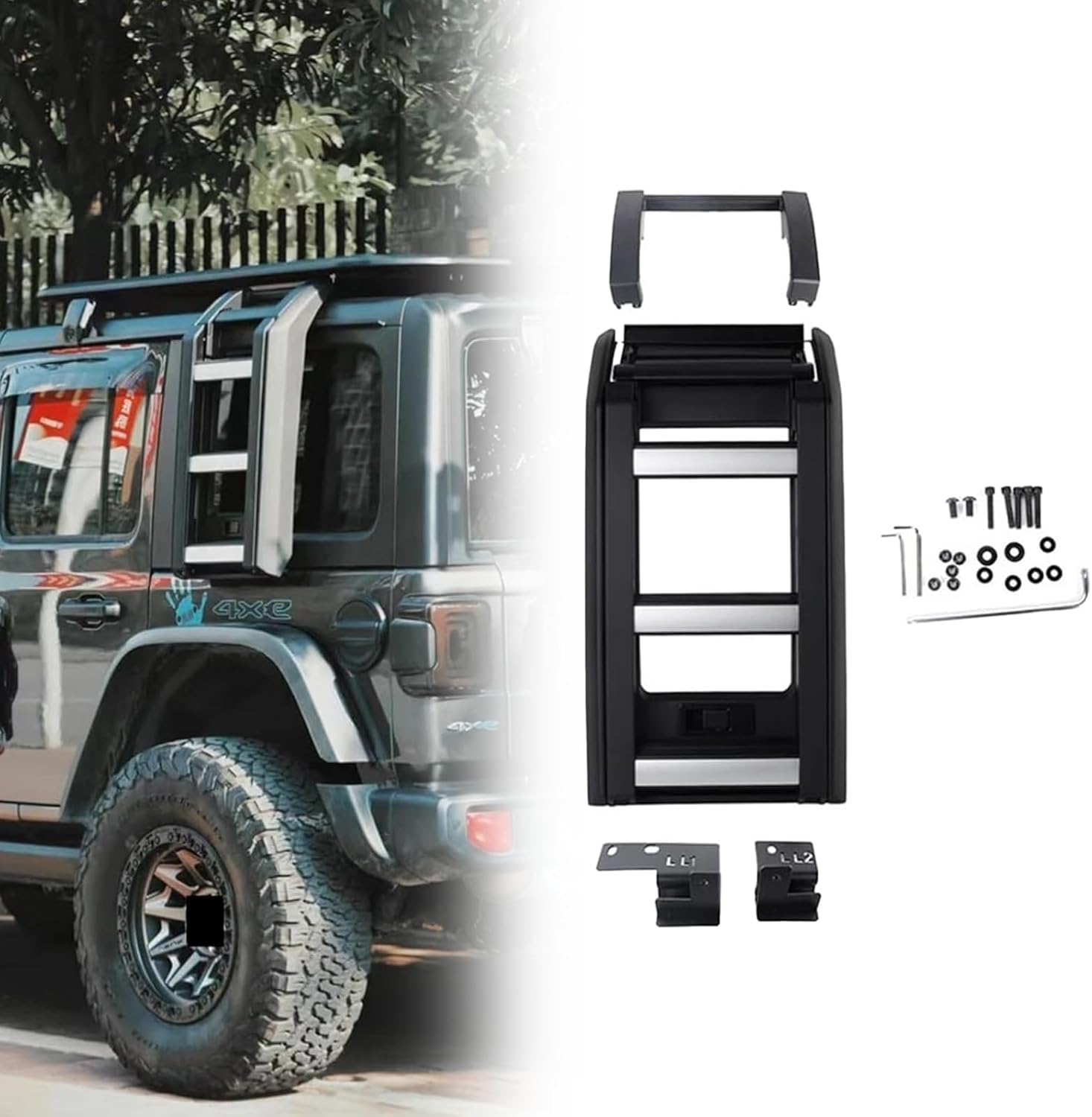 Foldable Side Ladder Stairs Aluminum Alloy Side Fold Ladder Back Door Tail Fits for Jeep Wrangler JL 2018 2019 2020 2021 2022 2023 2024 2025 2026