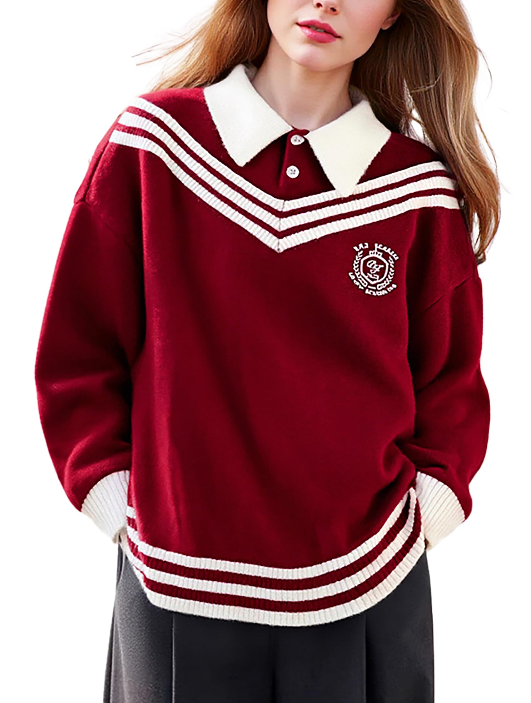 LAI MENG FIVE CATS Womens Preppy Sweater 2 in 1 Ribbed Knit Korean Style Long Sleeve Loose Pullover