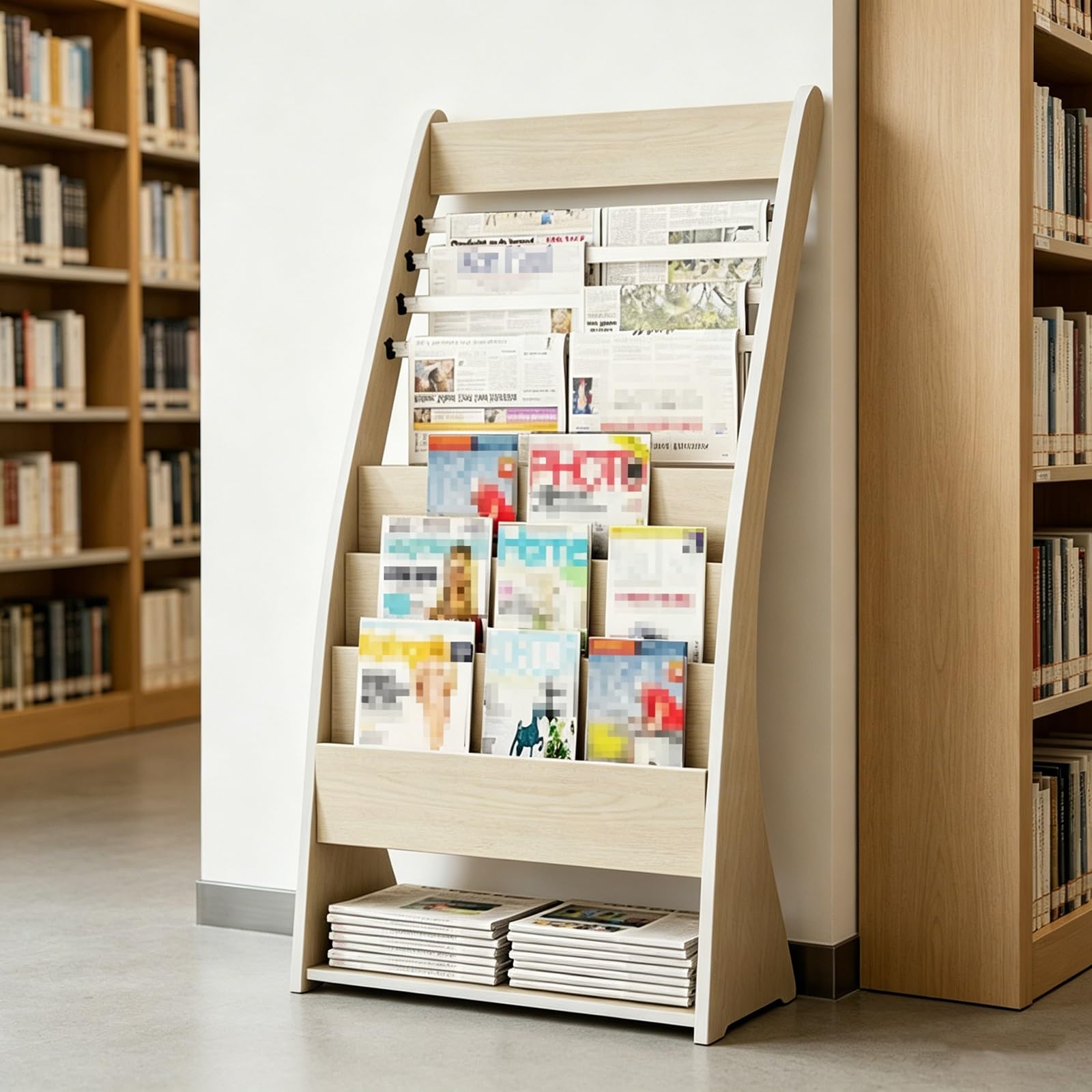 Wooden Newspaper Display Rack, Freestanding Magazine Holder with Bottom Shelf for Home Office Library Reception(White)