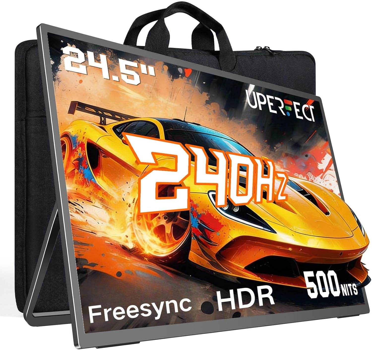 UPERFECT 24.5" 240Hz Portable Gaming Monitor 0.1ms, 180° Ständer + Tasche | FreeSync-Kompatibel | 500Nits 2000:1 100% sRGB HDR | Mattes Display | VESA-Montierbar | für Laptop/PC/Konsole