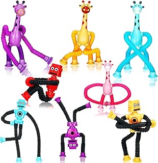 8 Pcs Giraffe Robot Tubes Sensory Toy Funny Suction Cup Giraffe Toy Telescopic Tube Cartoon Toys Fidget Stretch Shape Changing Toy for Play Gifts, 4 Colors (Cool Style)