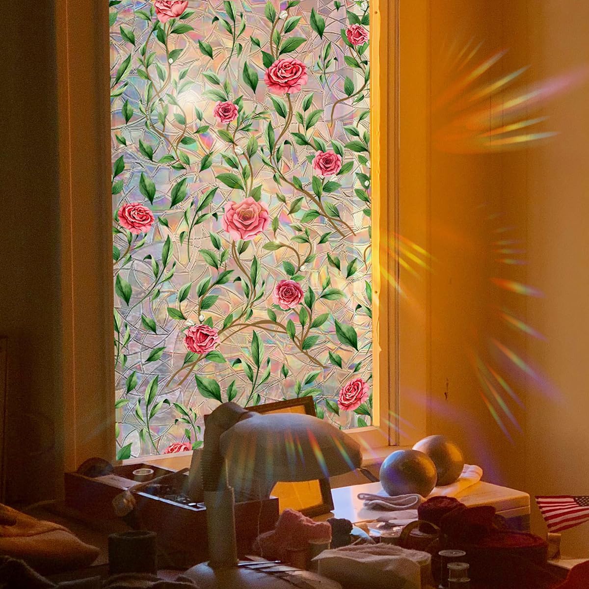 Window Film, Decorative Flower Window Privacy Film, Green Vines Rose Floral Double Sided Static Glass Window Clings Declas for Home Office Living Room Bedroom Glass Windows Door Decor