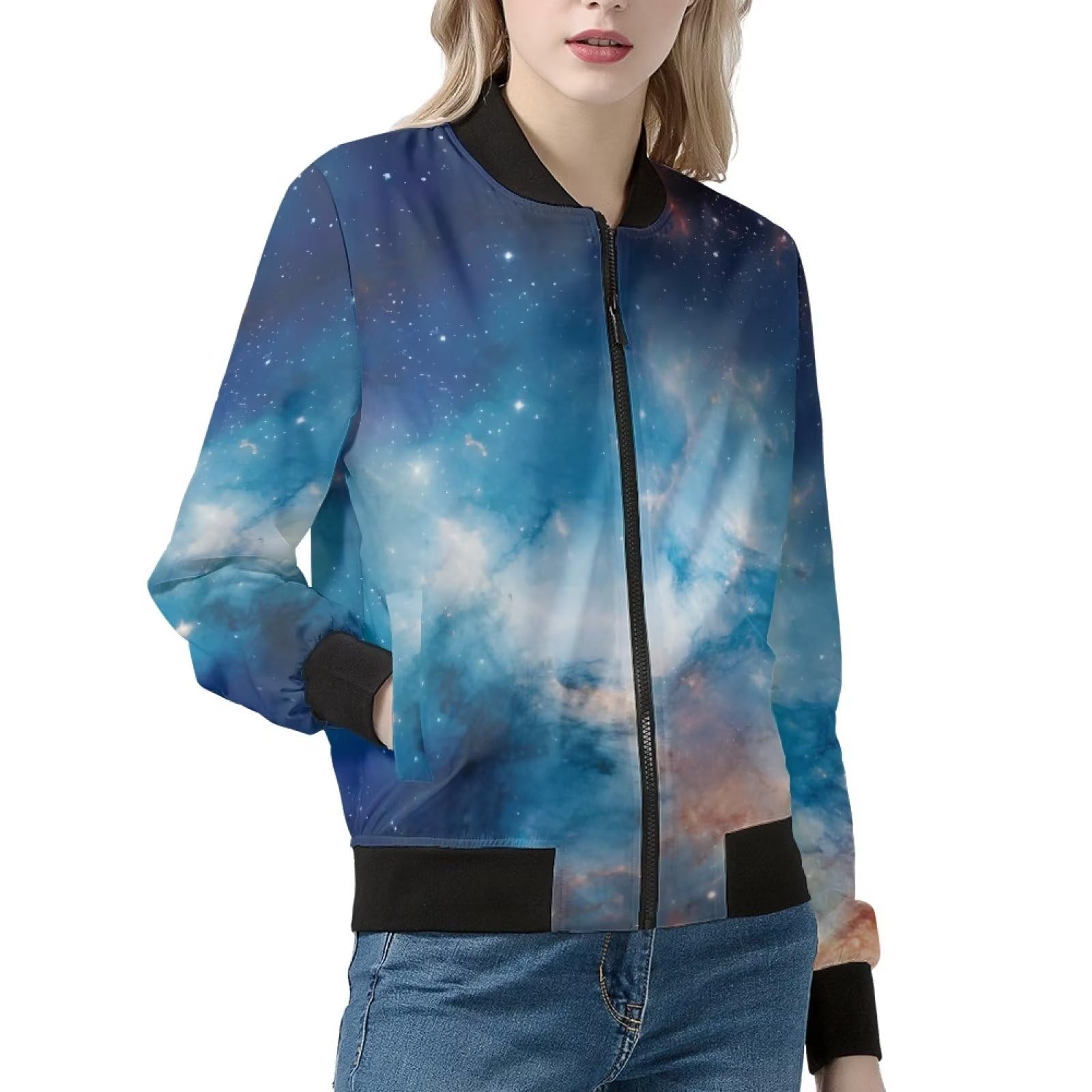 ORGYPET Blue Galaxy Women's Cycling Full-Zip Jacket Women's Hiking Shirts Sun Protection Shirt with Pockets Long Sleeve Crew Neck Outdoor Running Fall Jacket