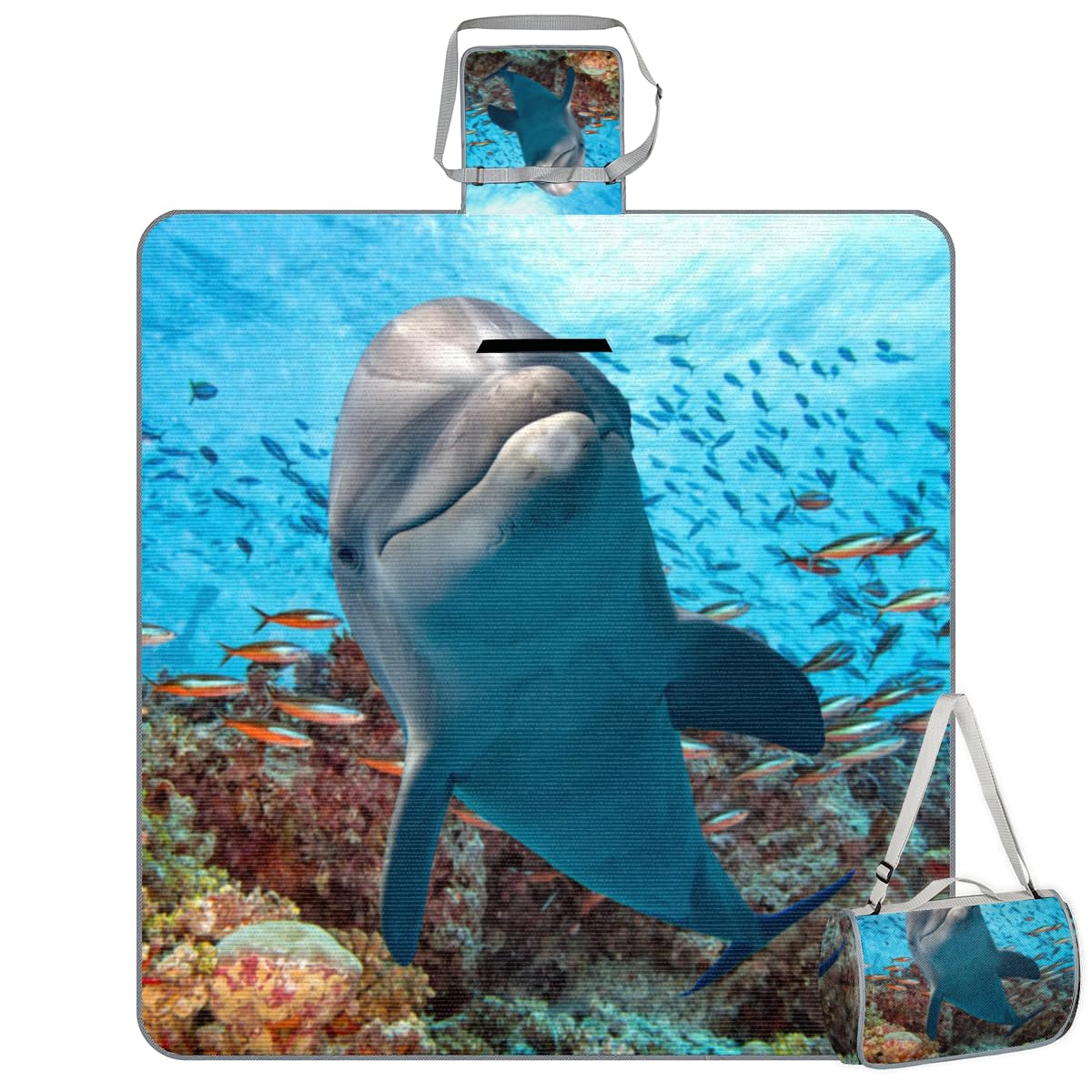 Shimoshe Picnic Blankets 57”x 59”, Dolphin Underwater Waterproof Sandproof Picnic Mat Lightweight Foldable Beach Blanket for Camping Park Grass Beach Outdoor Blanket