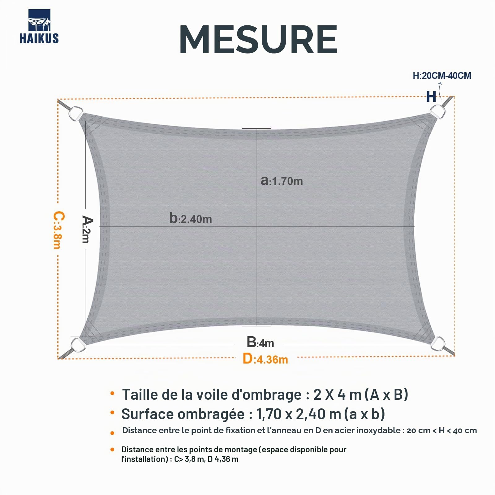 HAIKUS Voile d'ombrage Imperméable Rectangulaire 2x4m, Toile PES Résistant à l'eau, Filet Rectangle 4x2m, Résistant 98% Protection Rayons UV pour Patio Terrasse Extérieur, Crème 2x4